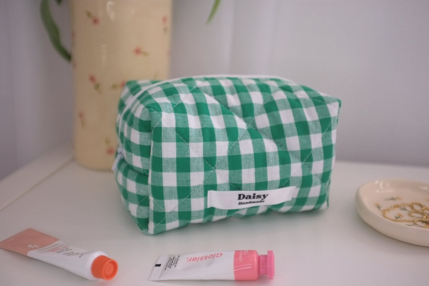 Makeup bag emerald green gingham