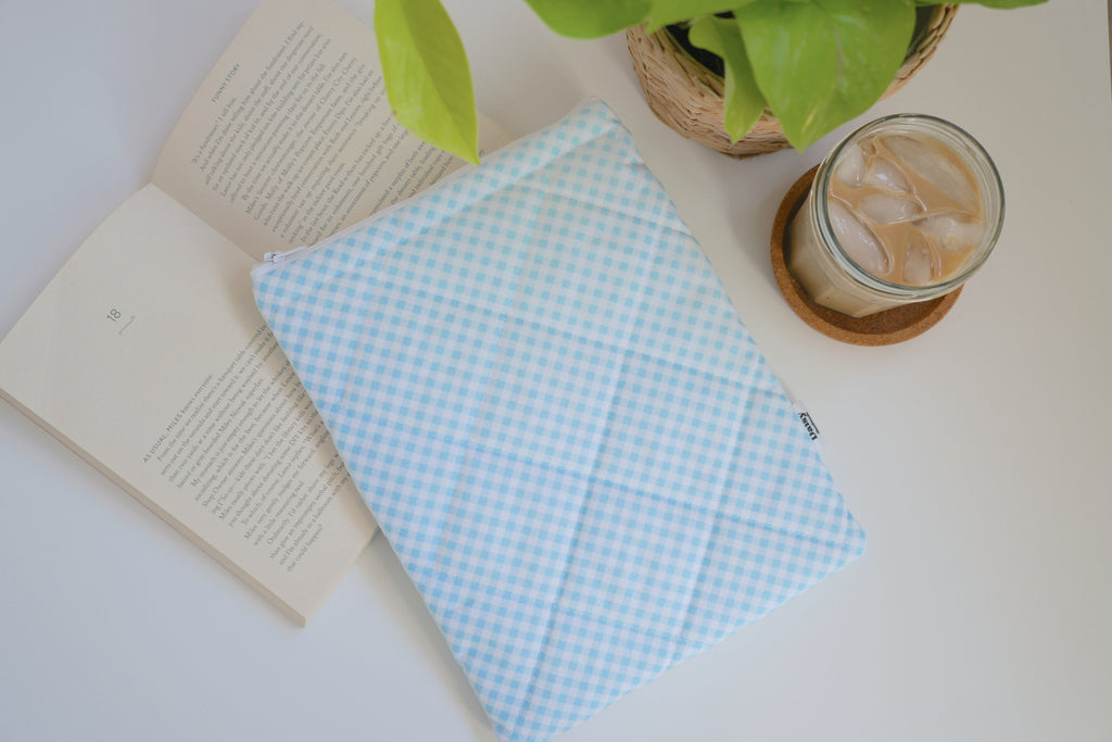 Quilted light blue diagonal gingham book sleeve