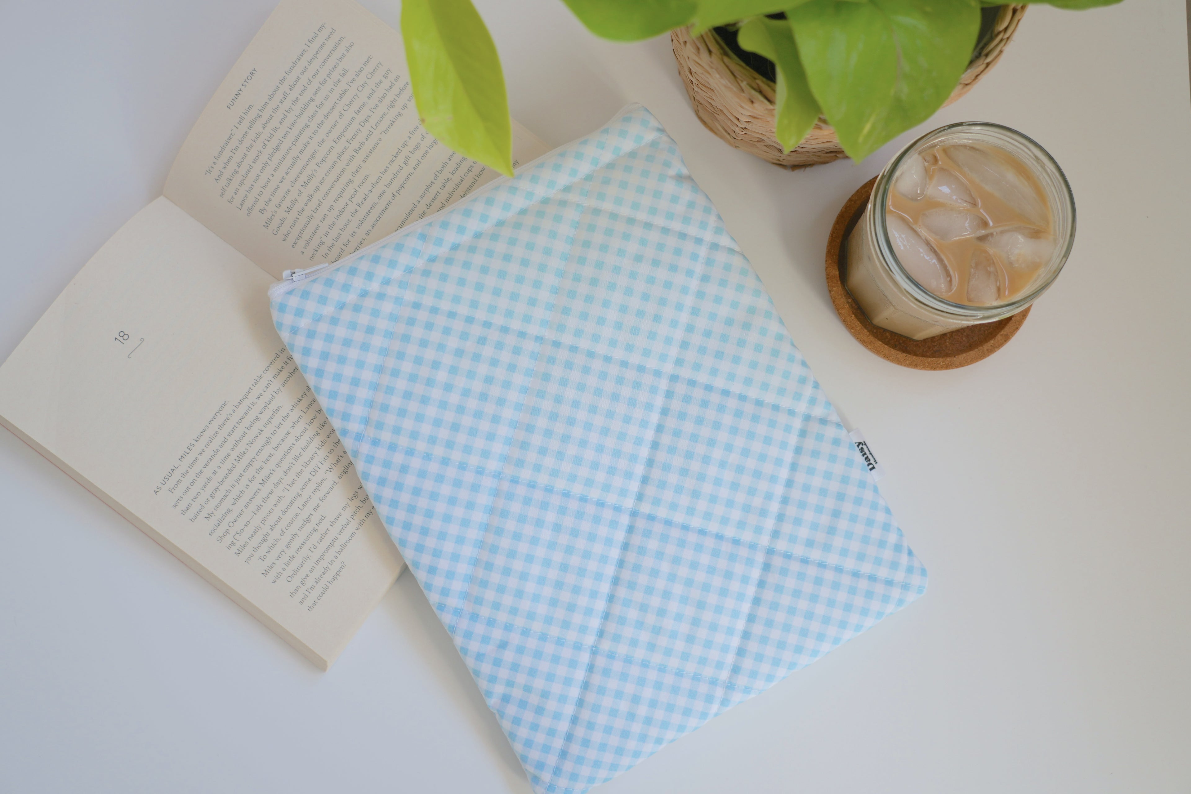 Quilted light blue diagonal gingham book sleeve
