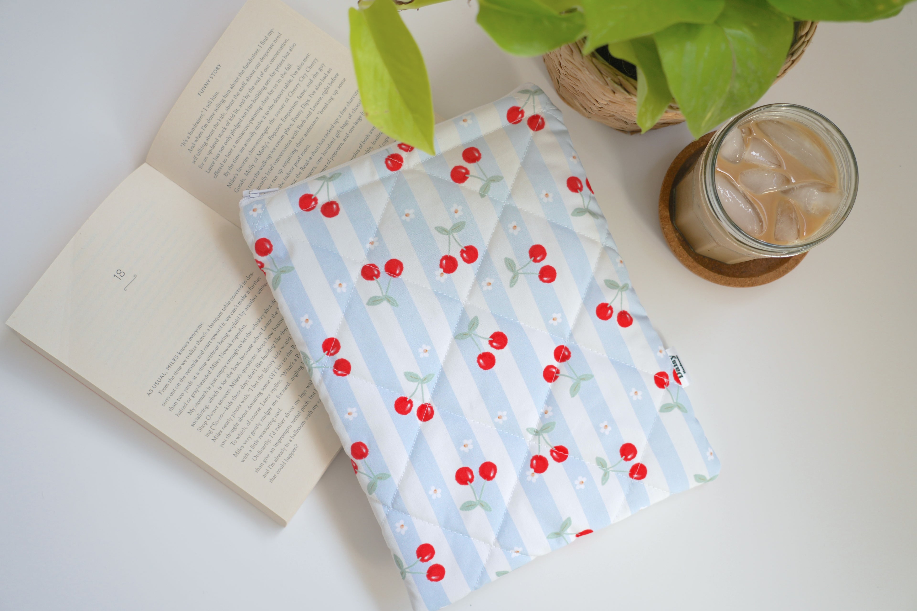 Quilted blue cherry stripe book sleeve