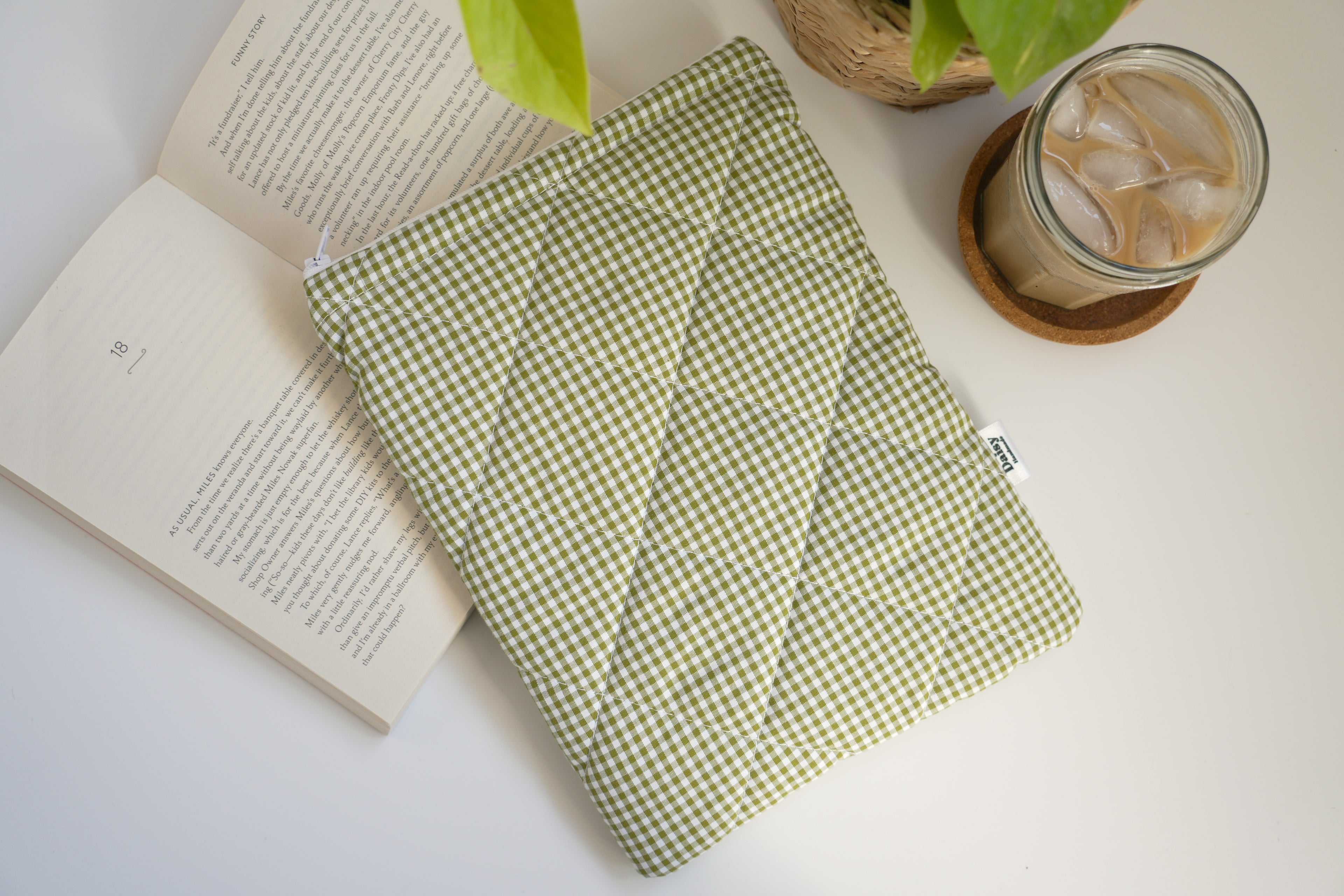 Quilted Olive green mini gingham book sleeve