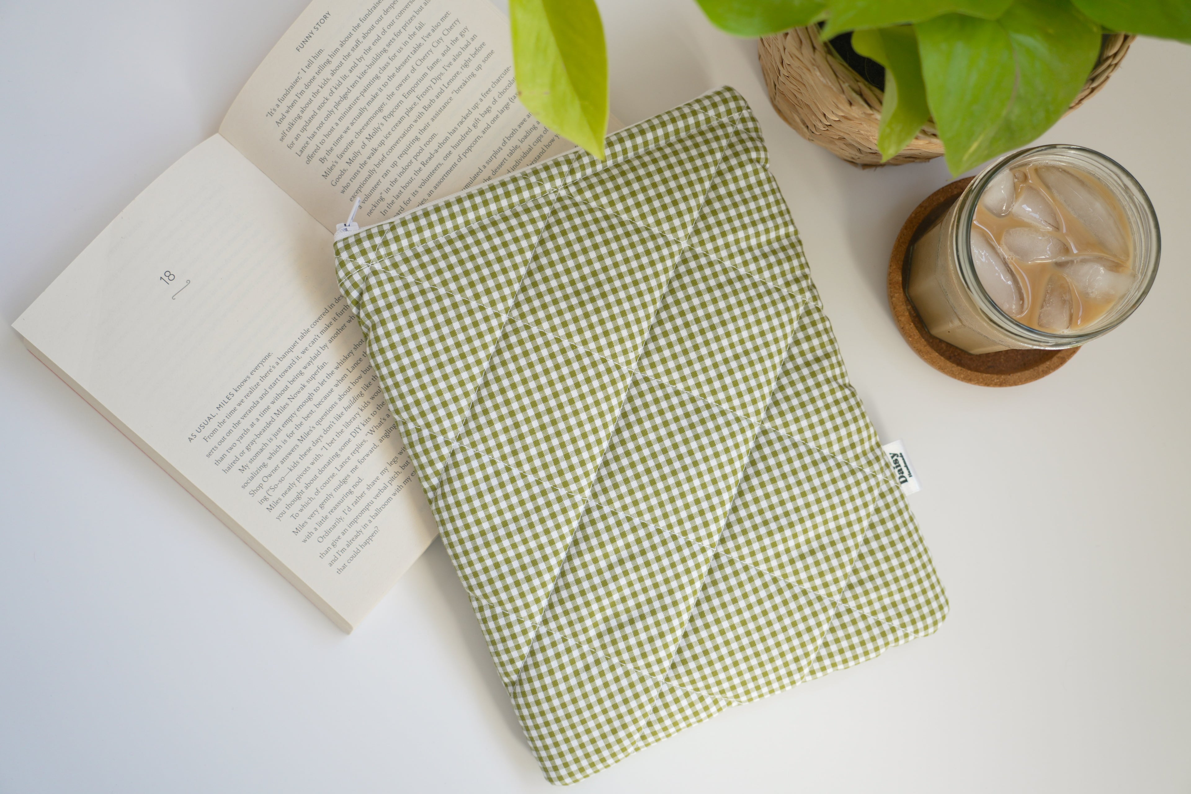 Quilted Olive green mini gingham book sleeve