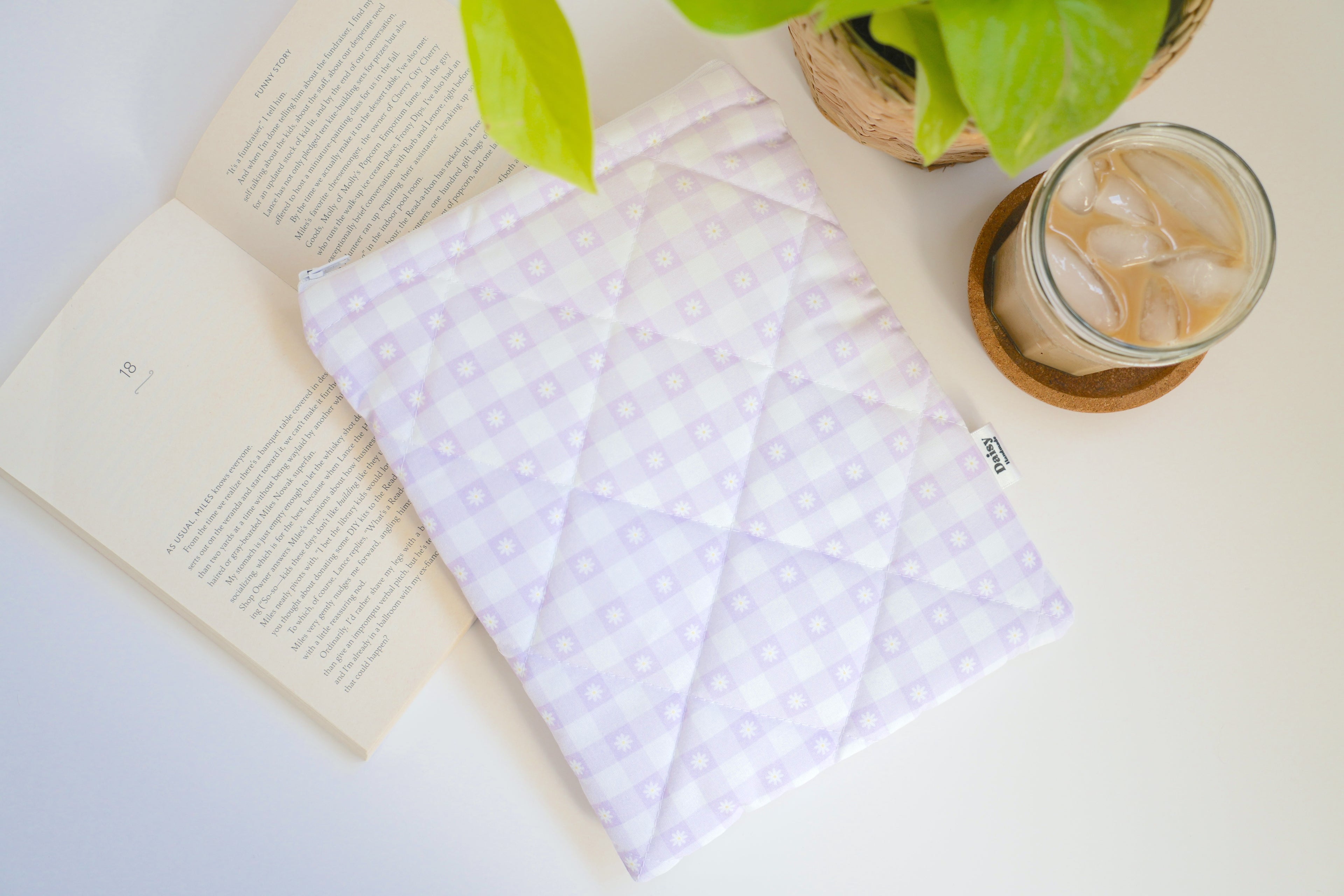 Quilted purple daisy gingham book sleeve
