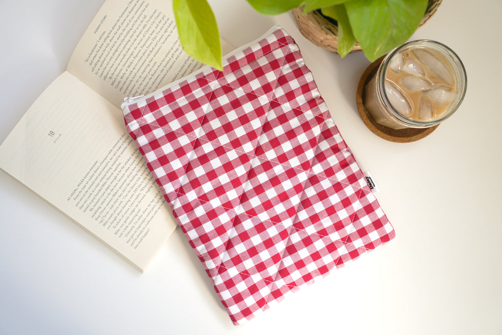 Quilted raspberry pink gingham book sleeve