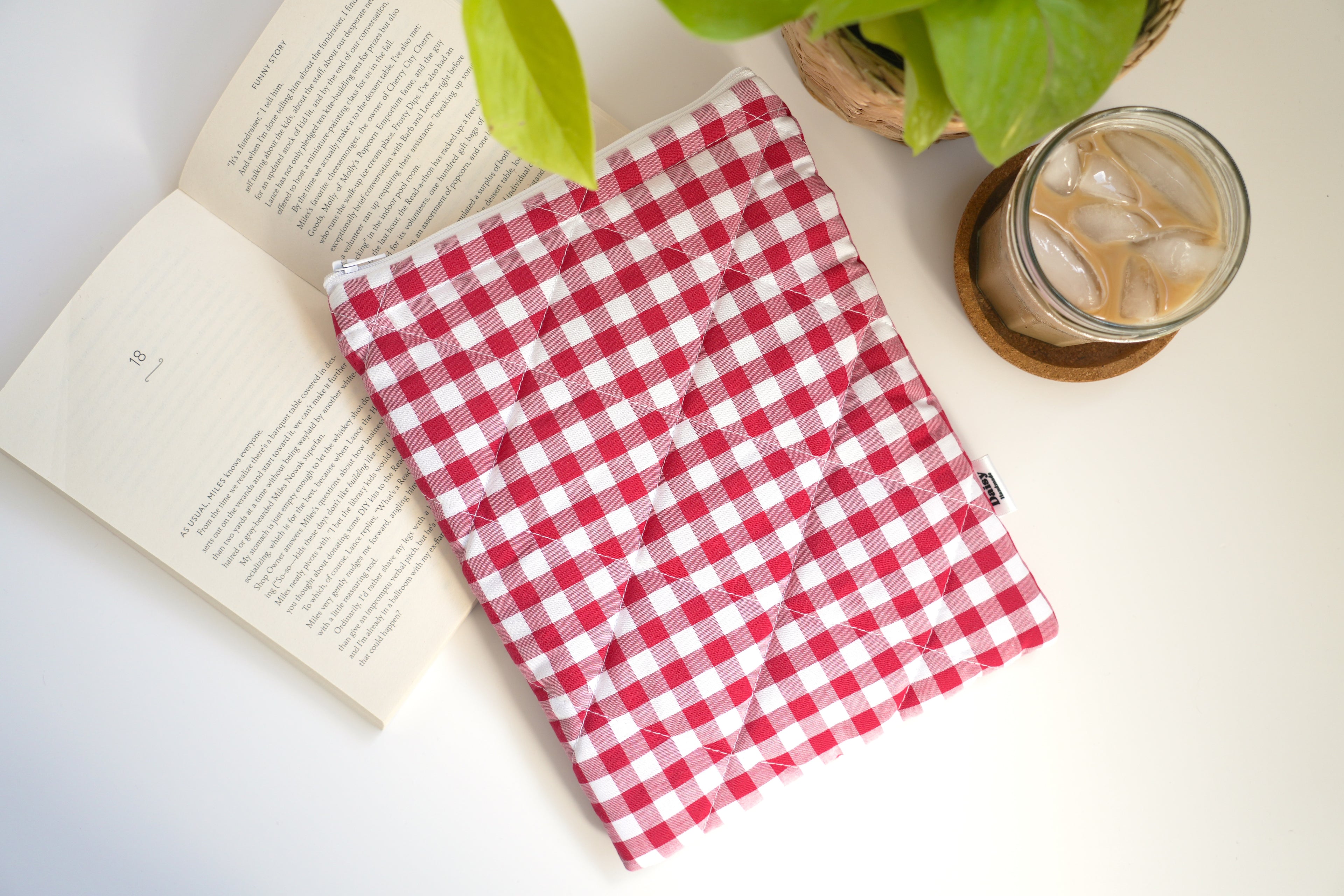 Quilted raspberry pink gingham book sleeve