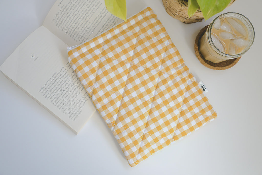 Quilted mustard yellow gingham book sleeve