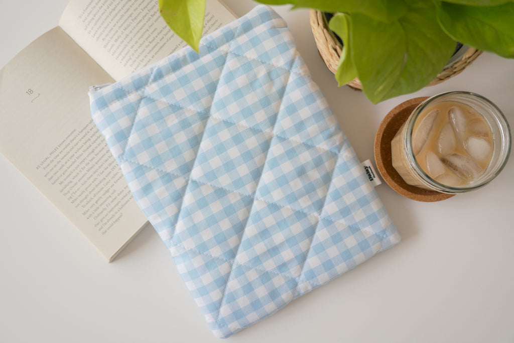 Quilted light blue gingham book sleeve