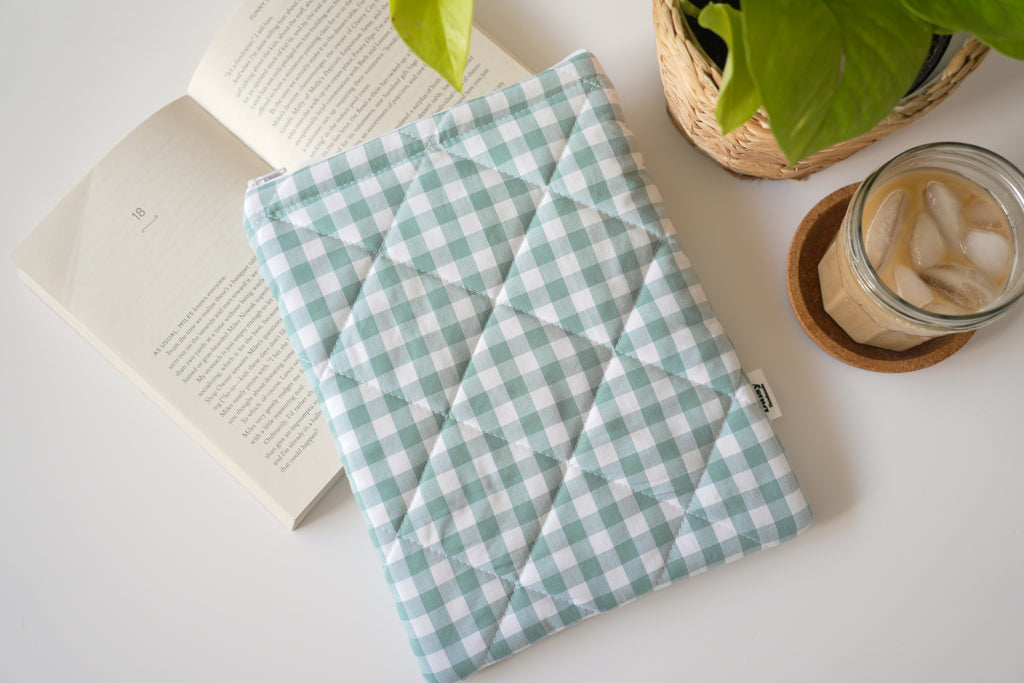 Quilted duck egg blue gingham book sleeve