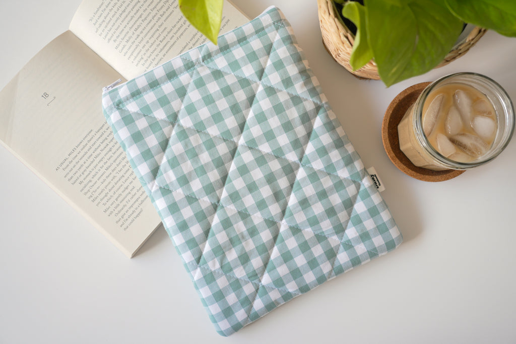 Quilted duck egg blue gingham book sleeve