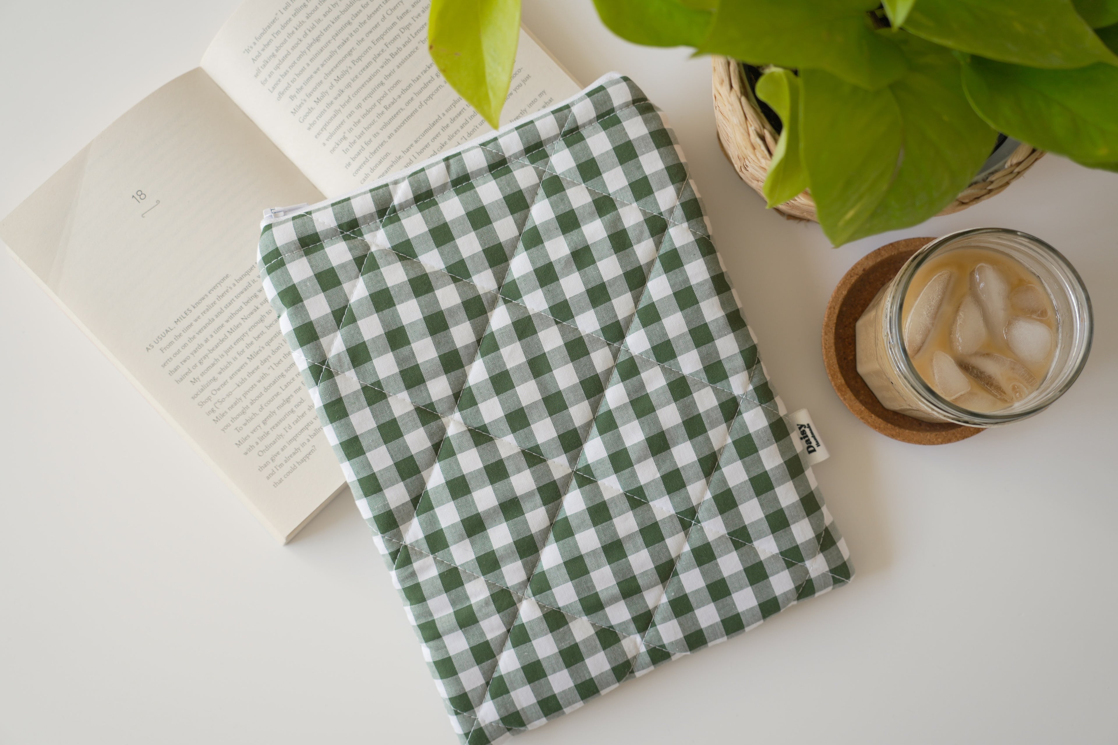 Quilted Forest green gingham book sleeve