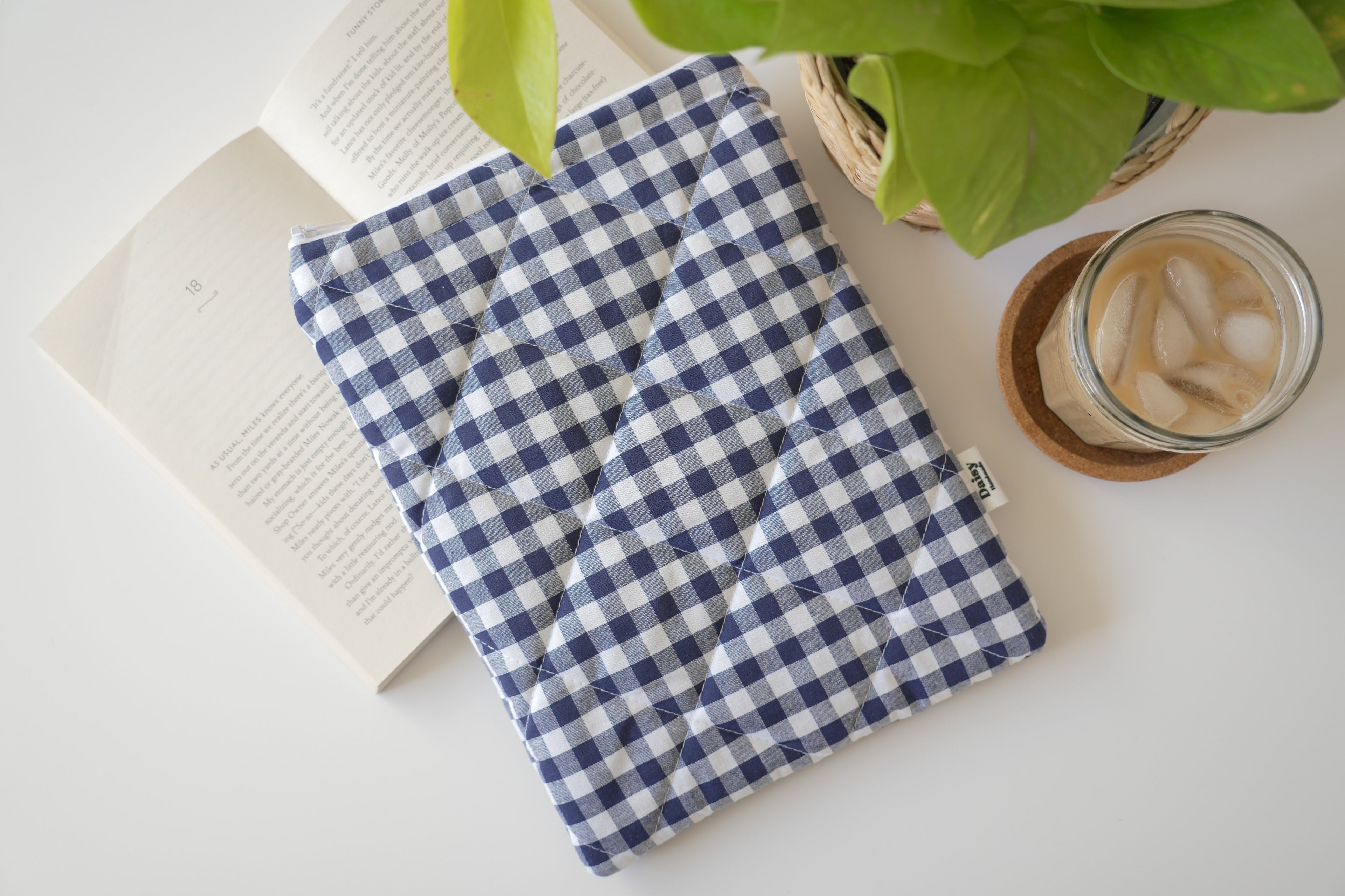 Quilted navy blue gingham book sleeve