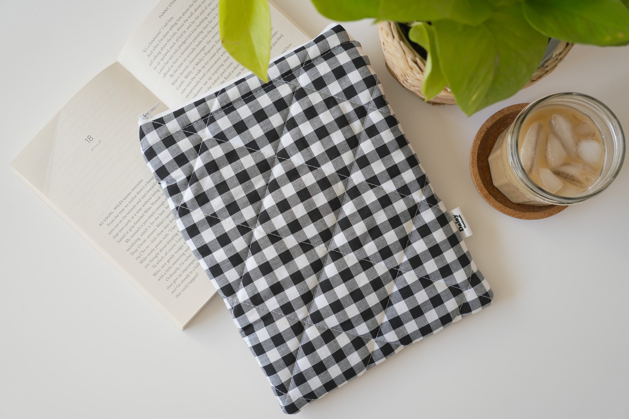 Quilted black gingham book sleeve