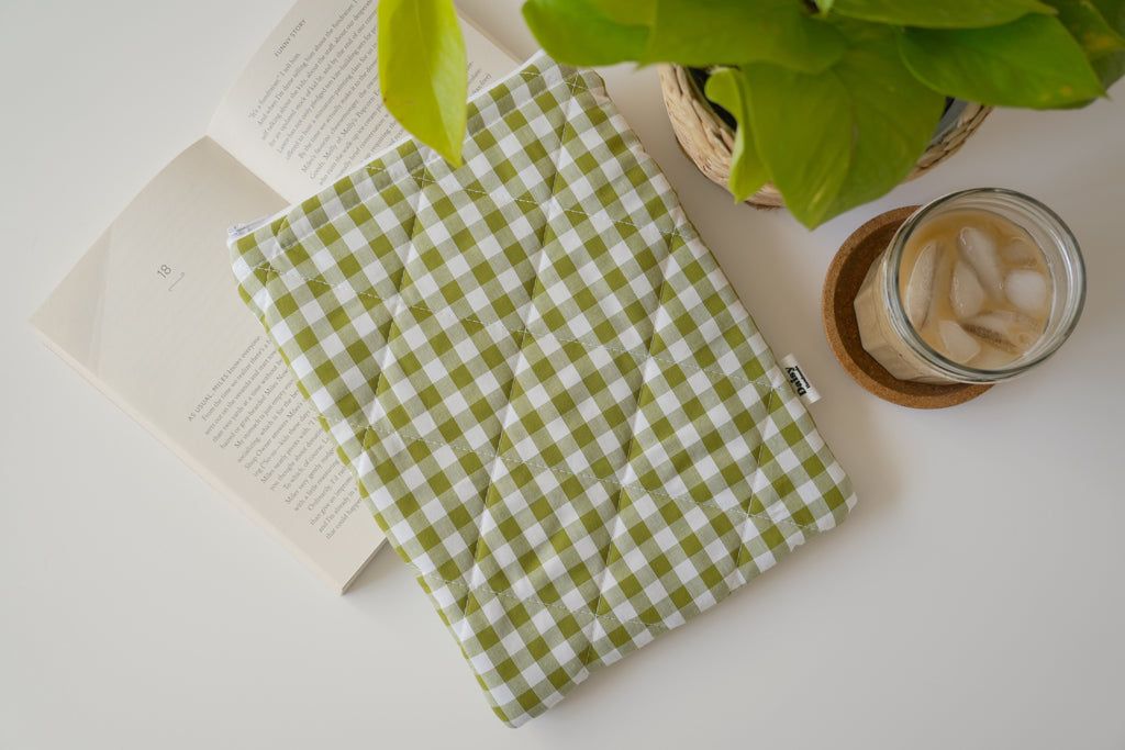 Quilted Olive green gingham book sleeve