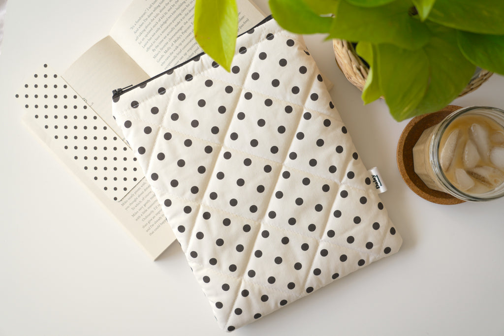 Quilted ivory and brown polka dot book sleeve