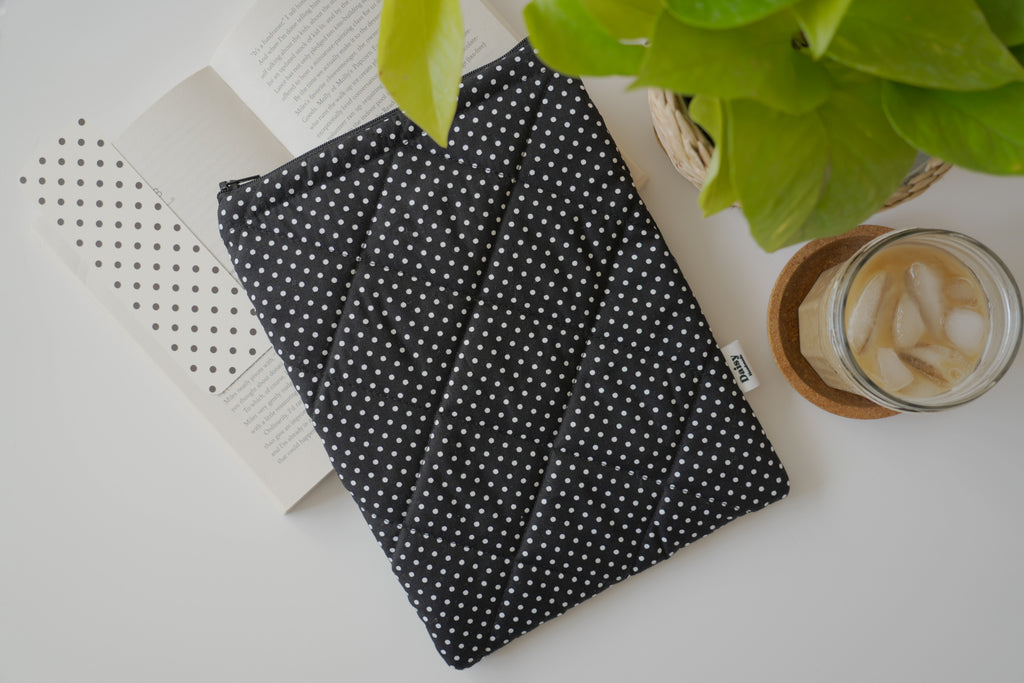 Quilted black mini polka dot book sleeve