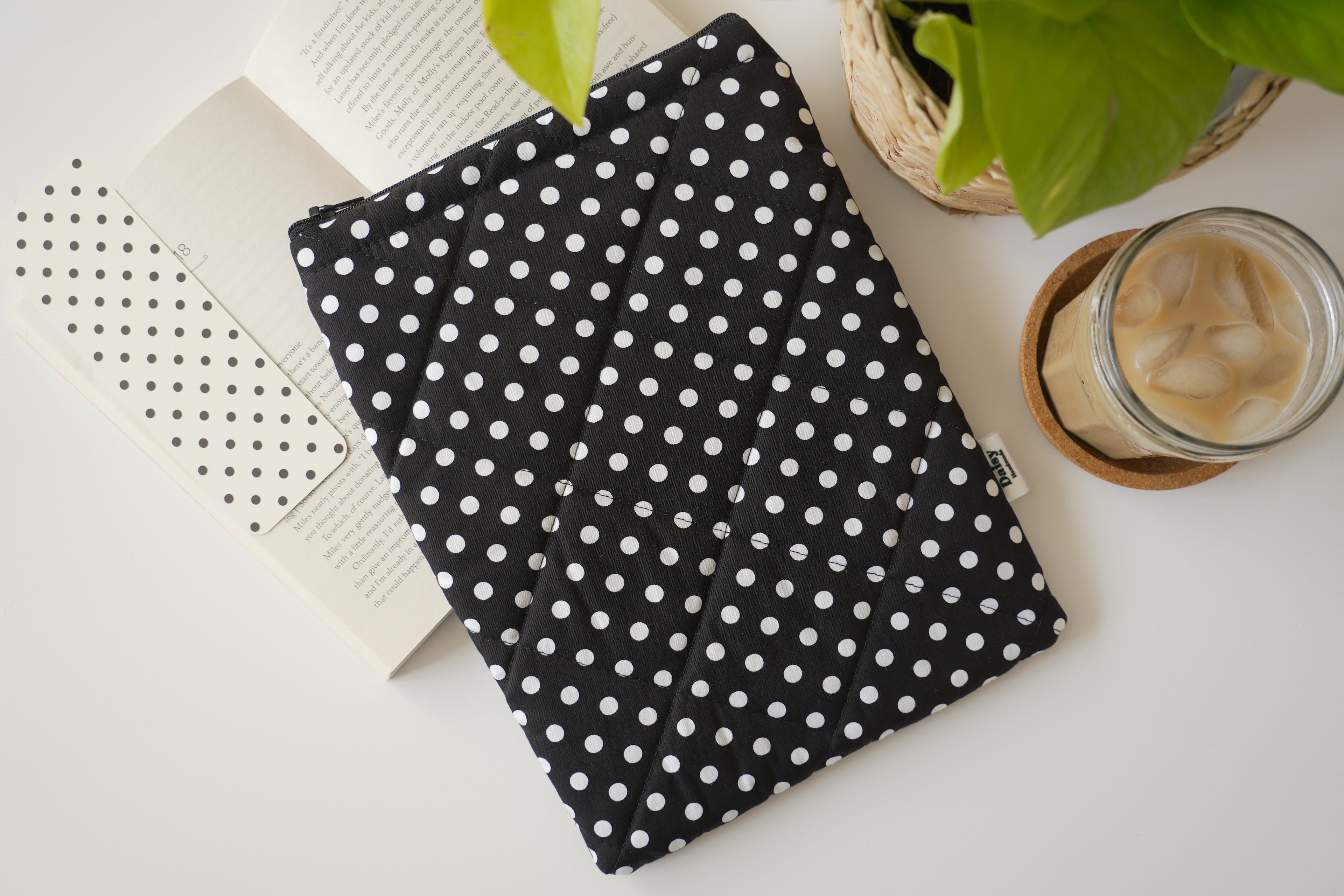 Quilted black polka dot book sleeve
