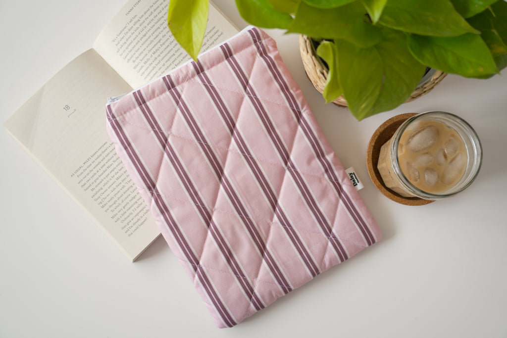 Quilted pink and maroon stripe book sleeve