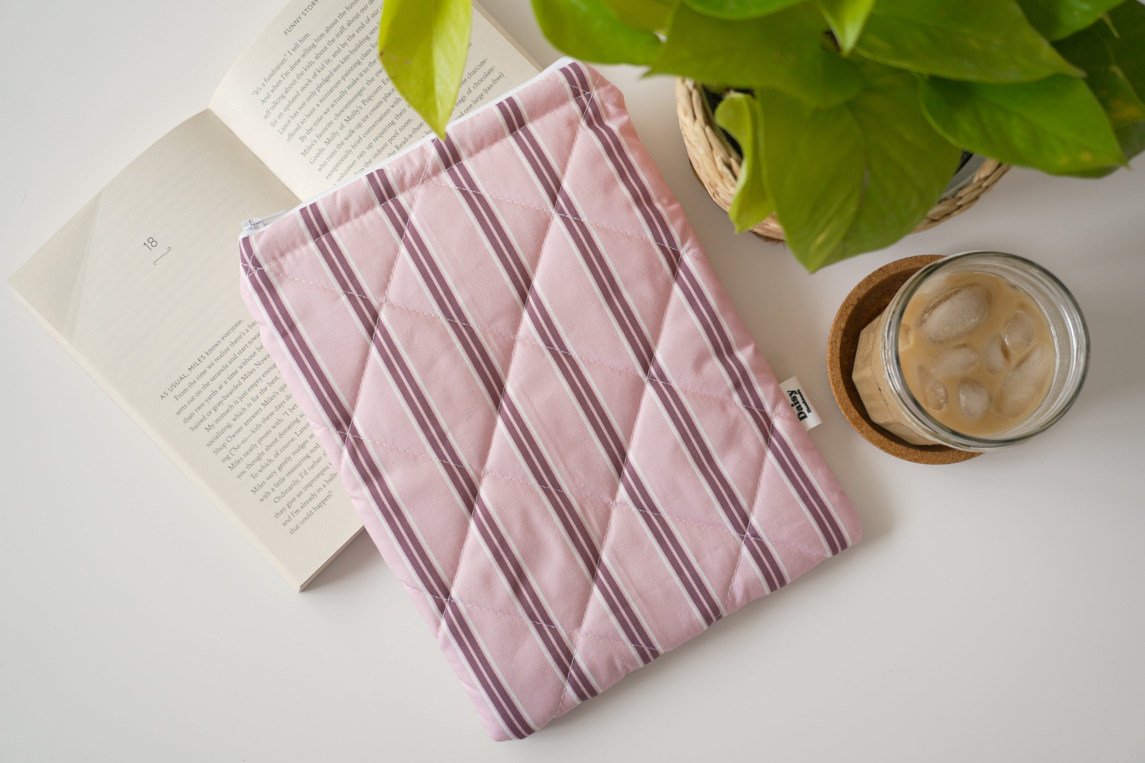 Quilted pink and maroon stripe book sleeve