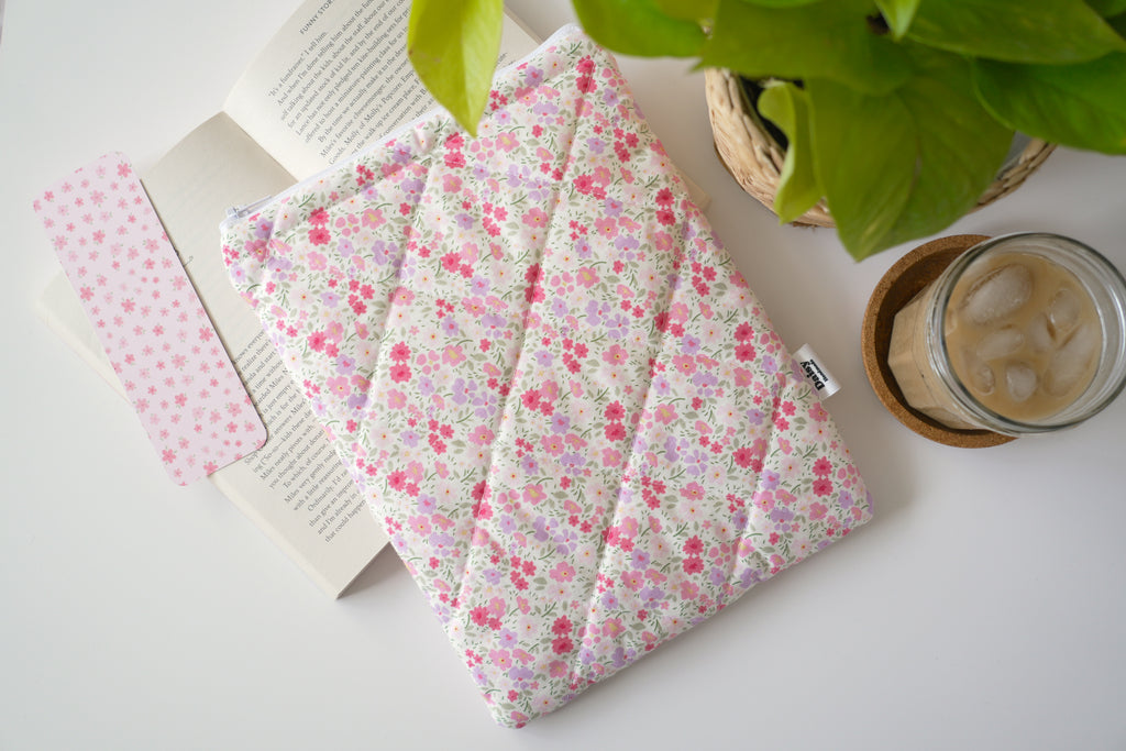 Quilted pink and purple floral book sleeve