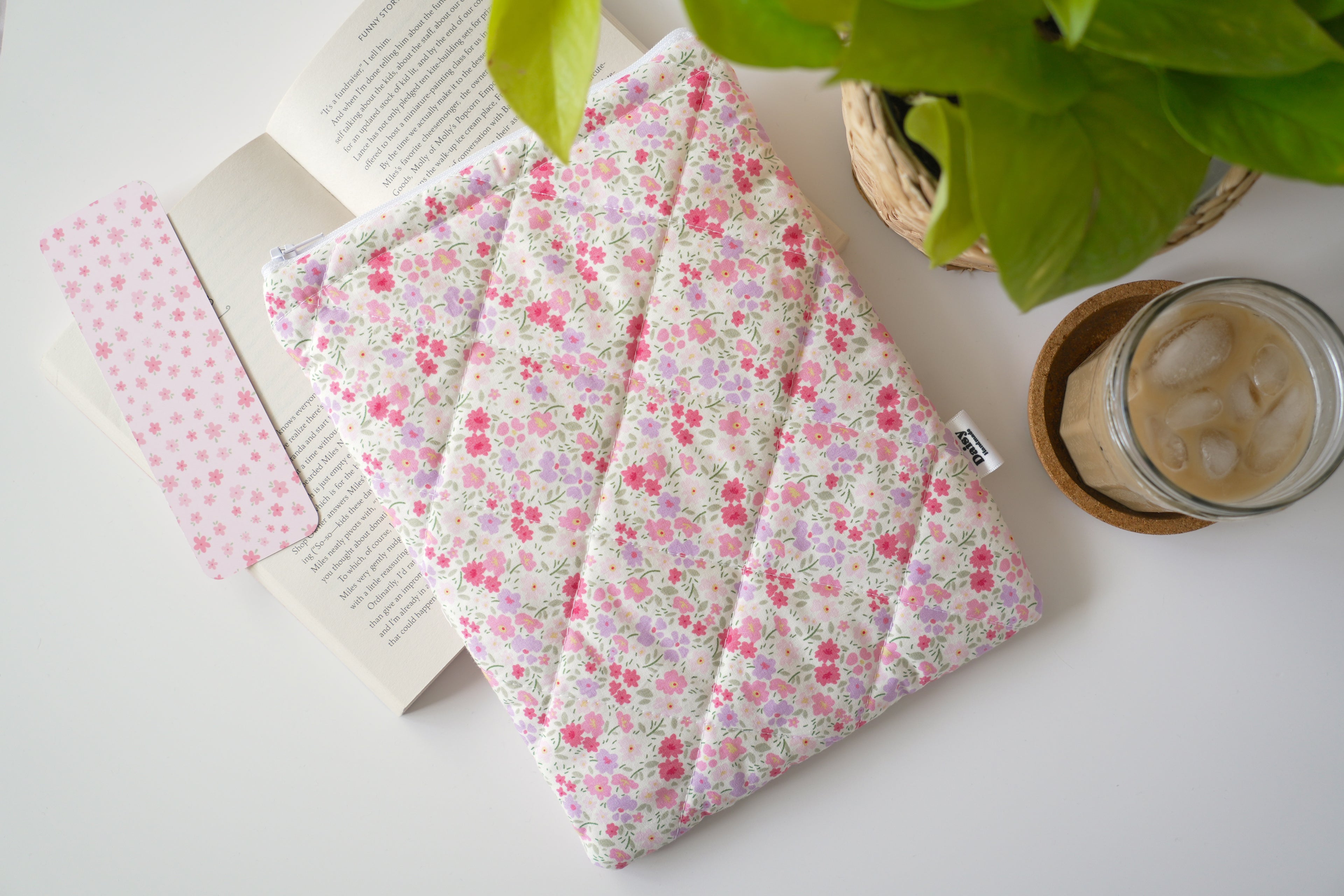 Quilted pink and purple floral book sleeve