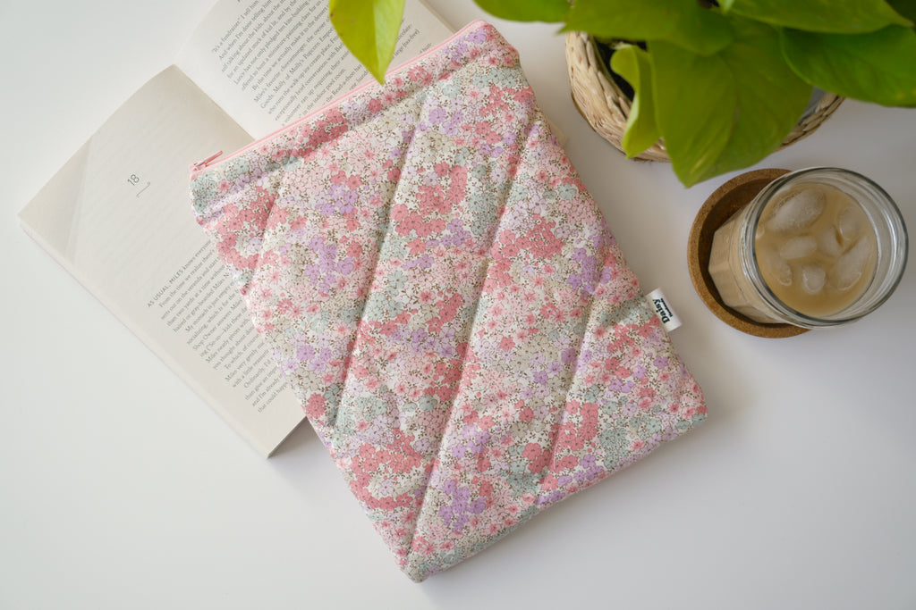 Quilted pink and teal floral book sleeve