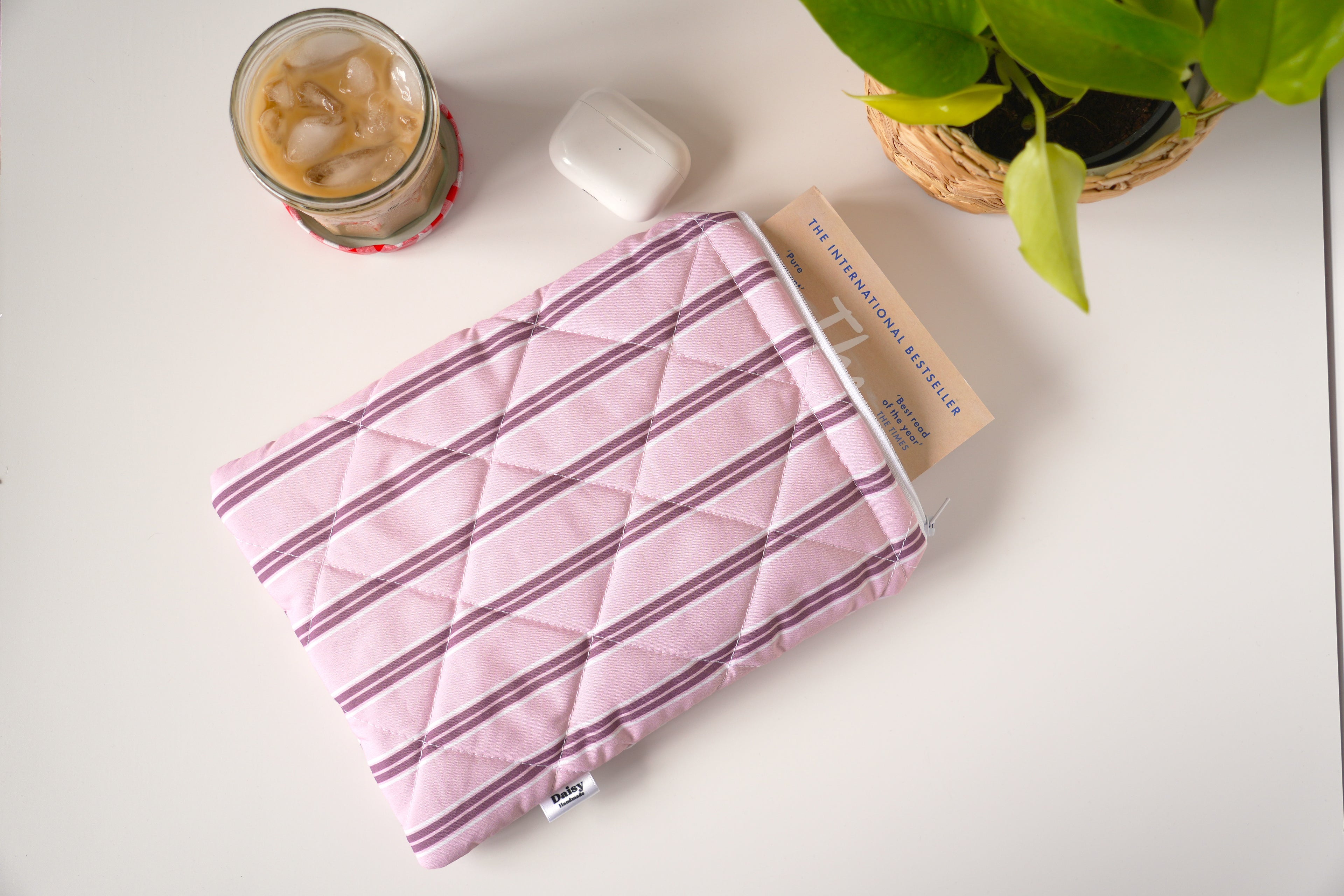 Quilted pink and maroon stripe book sleeve
