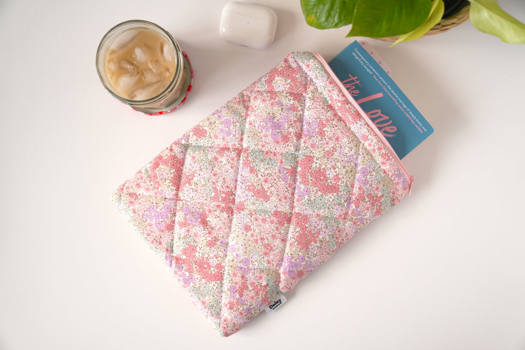 Quilted pink and teal floral book sleeve