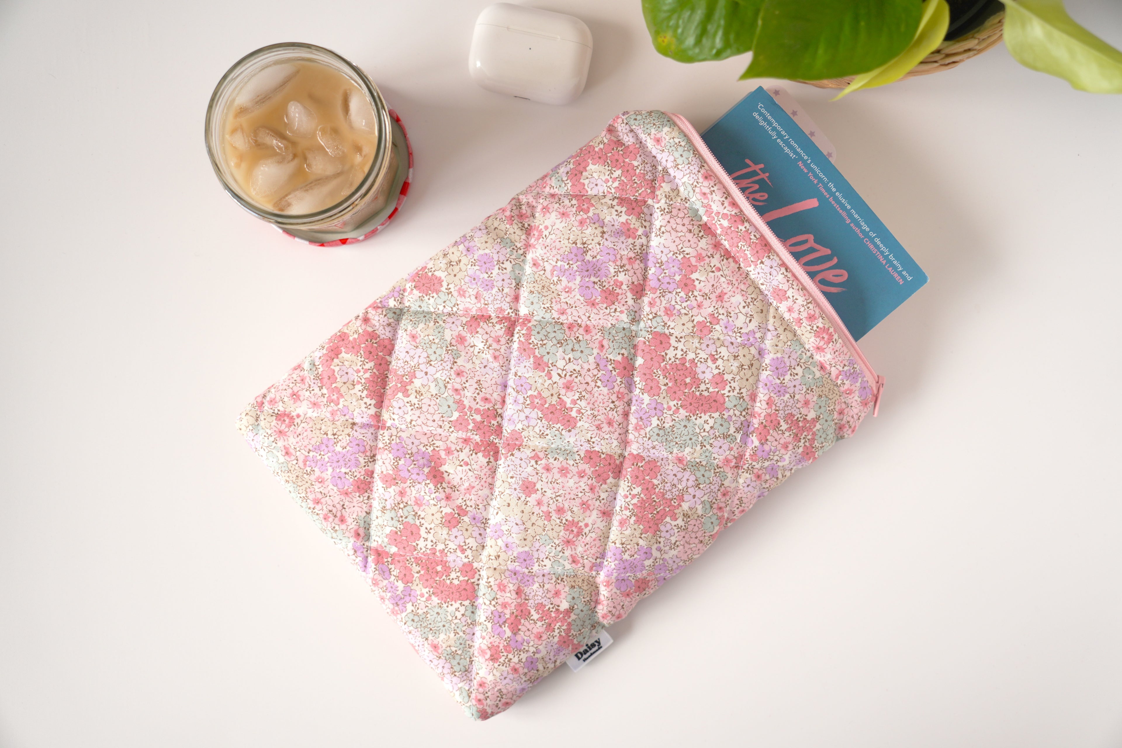 Quilted pink and teal floral book sleeve