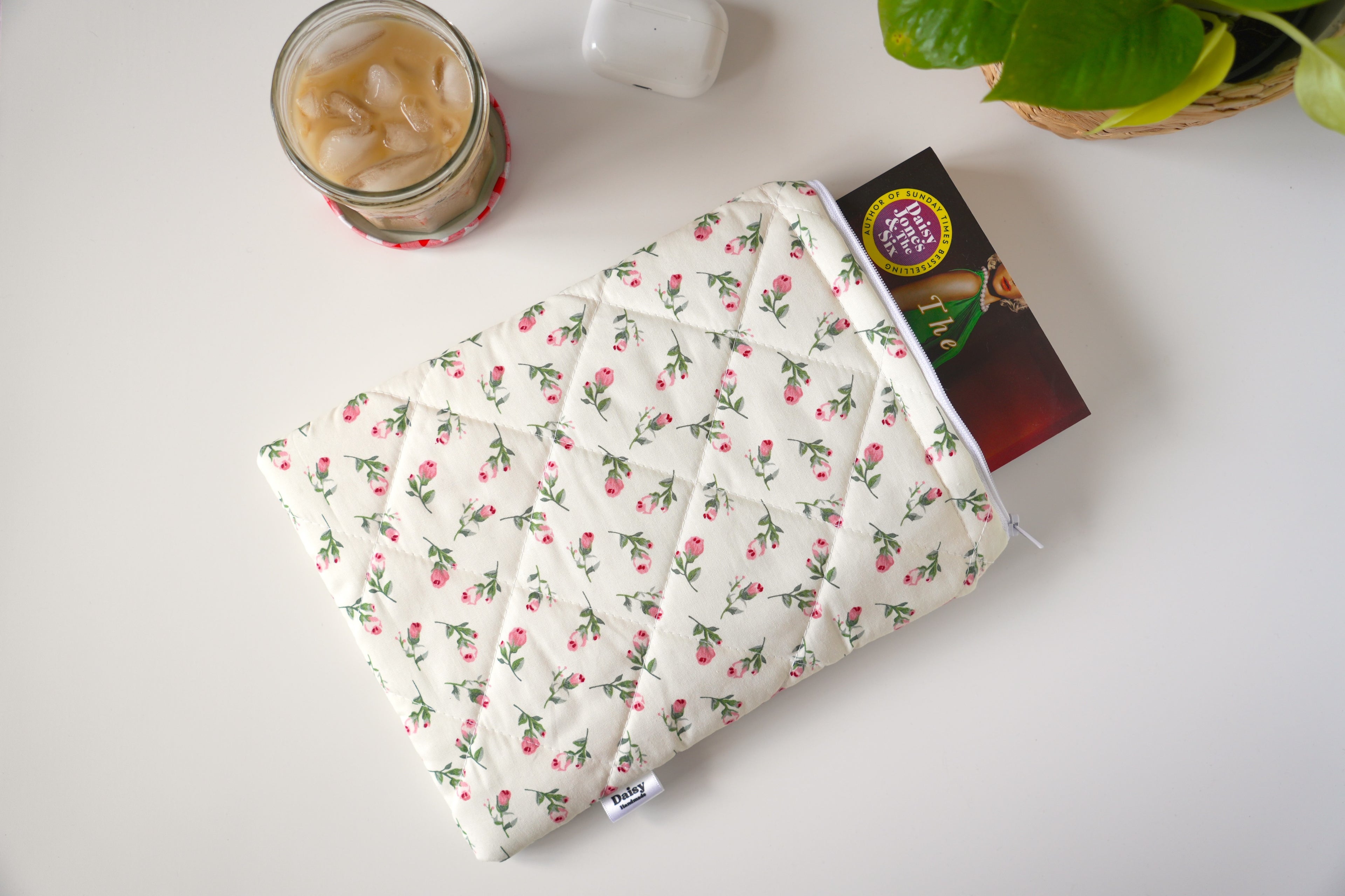 Quilted Ivory rose buds book sleeve