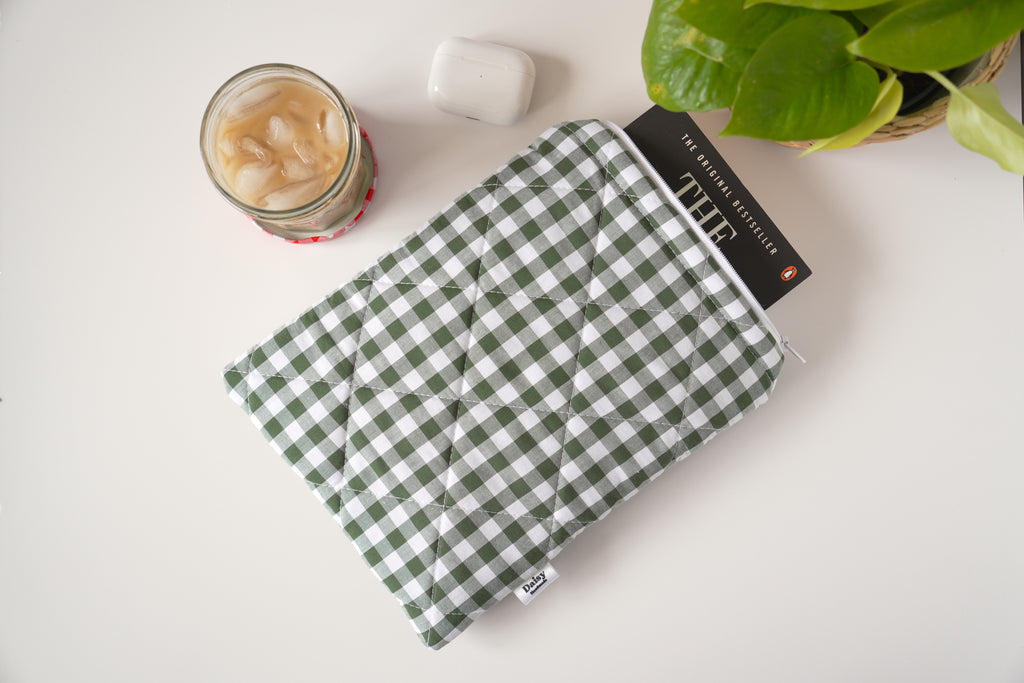 Quilted Forest green gingham book sleeve