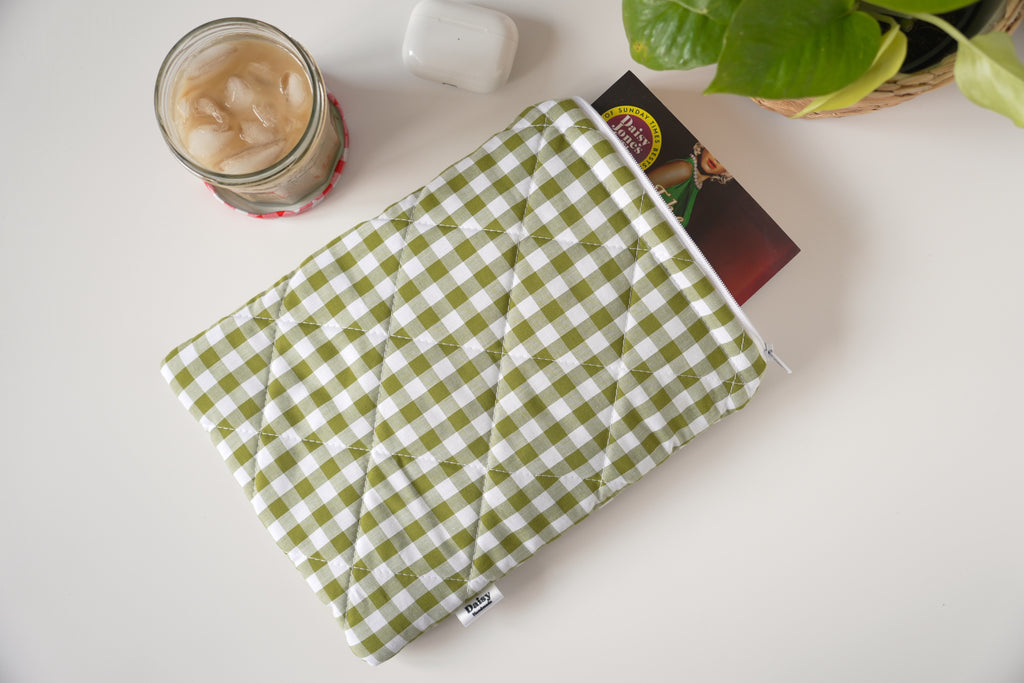 Quilted Olive green gingham book sleeve
