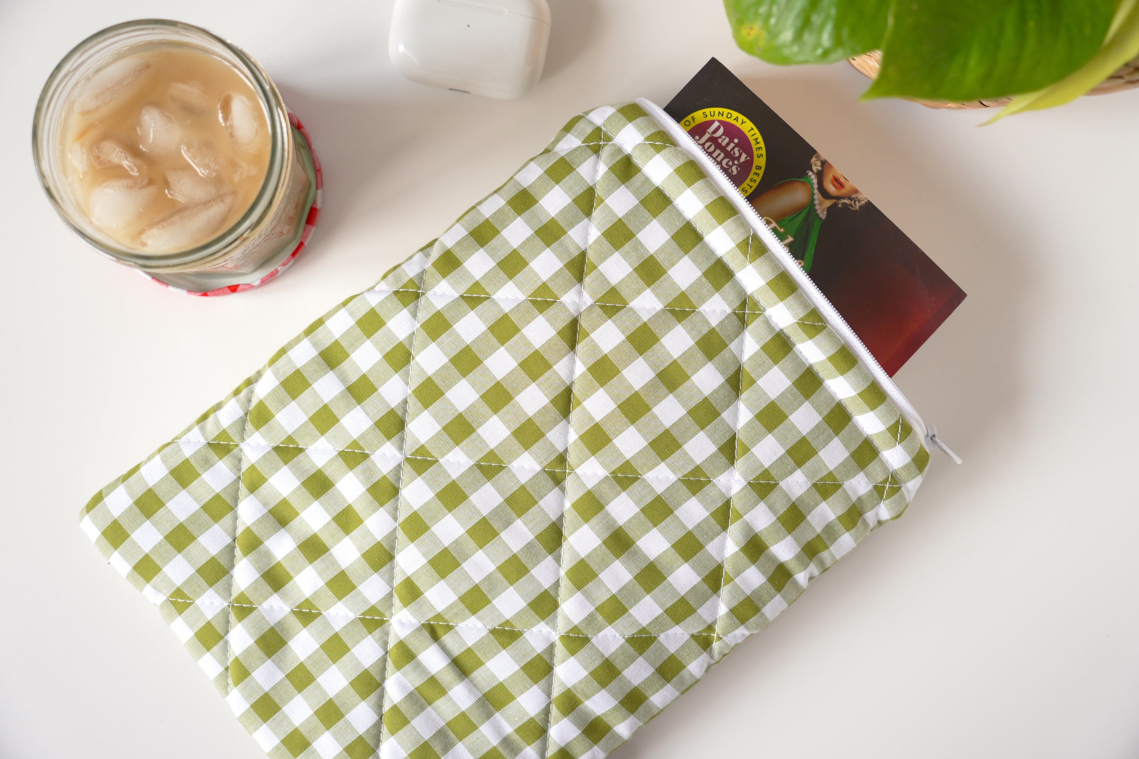 Quilted Olive green gingham book sleeve
