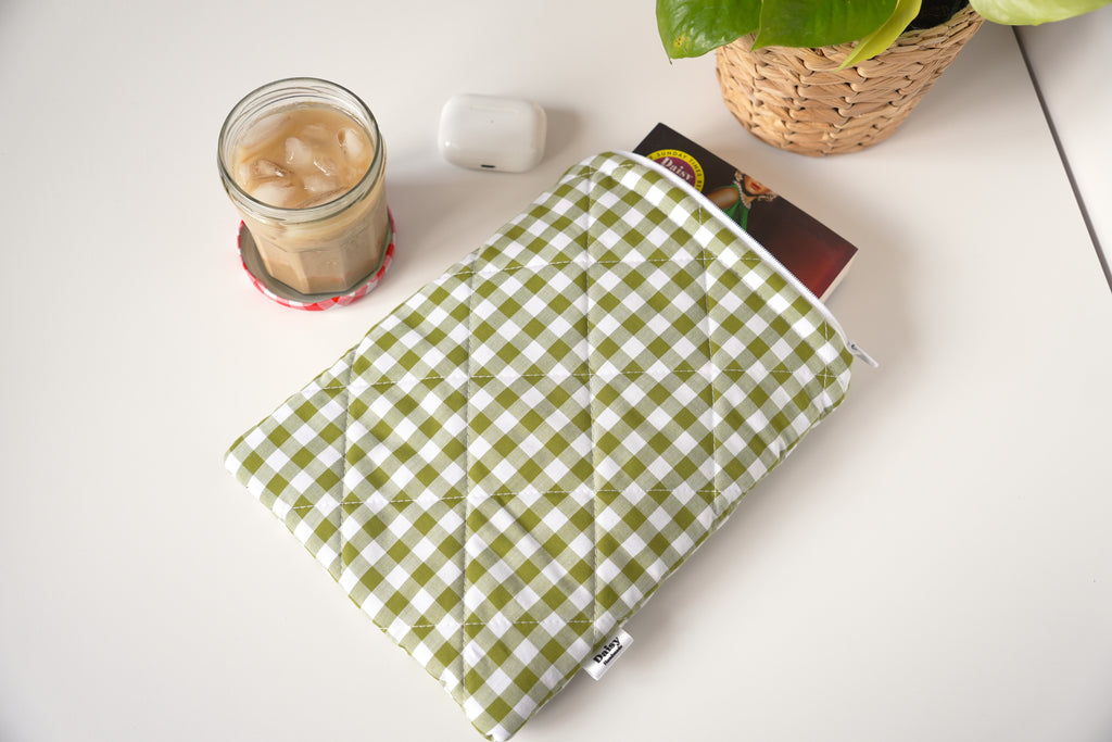 Quilted Olive green gingham book sleeve