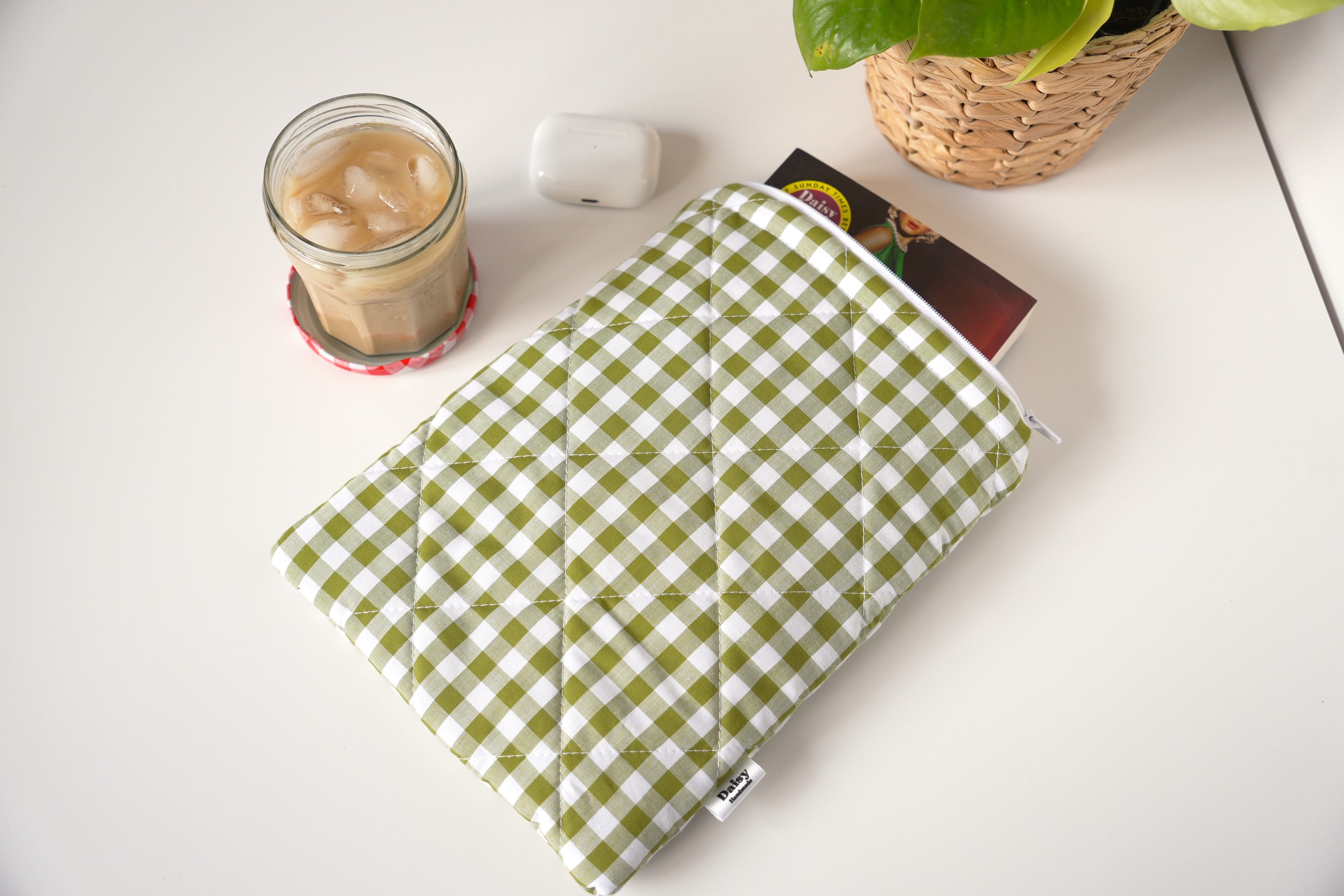 Quilted Olive green gingham book sleeve