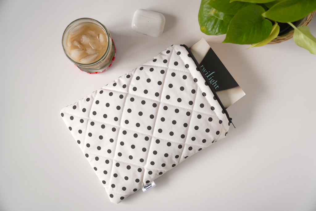 Quilted ivory and brown polka dot book sleeve
