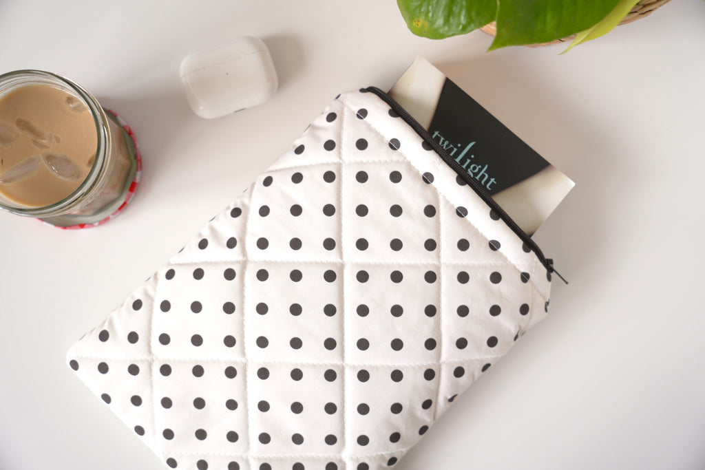 Quilted ivory and brown polka dot book sleeve
