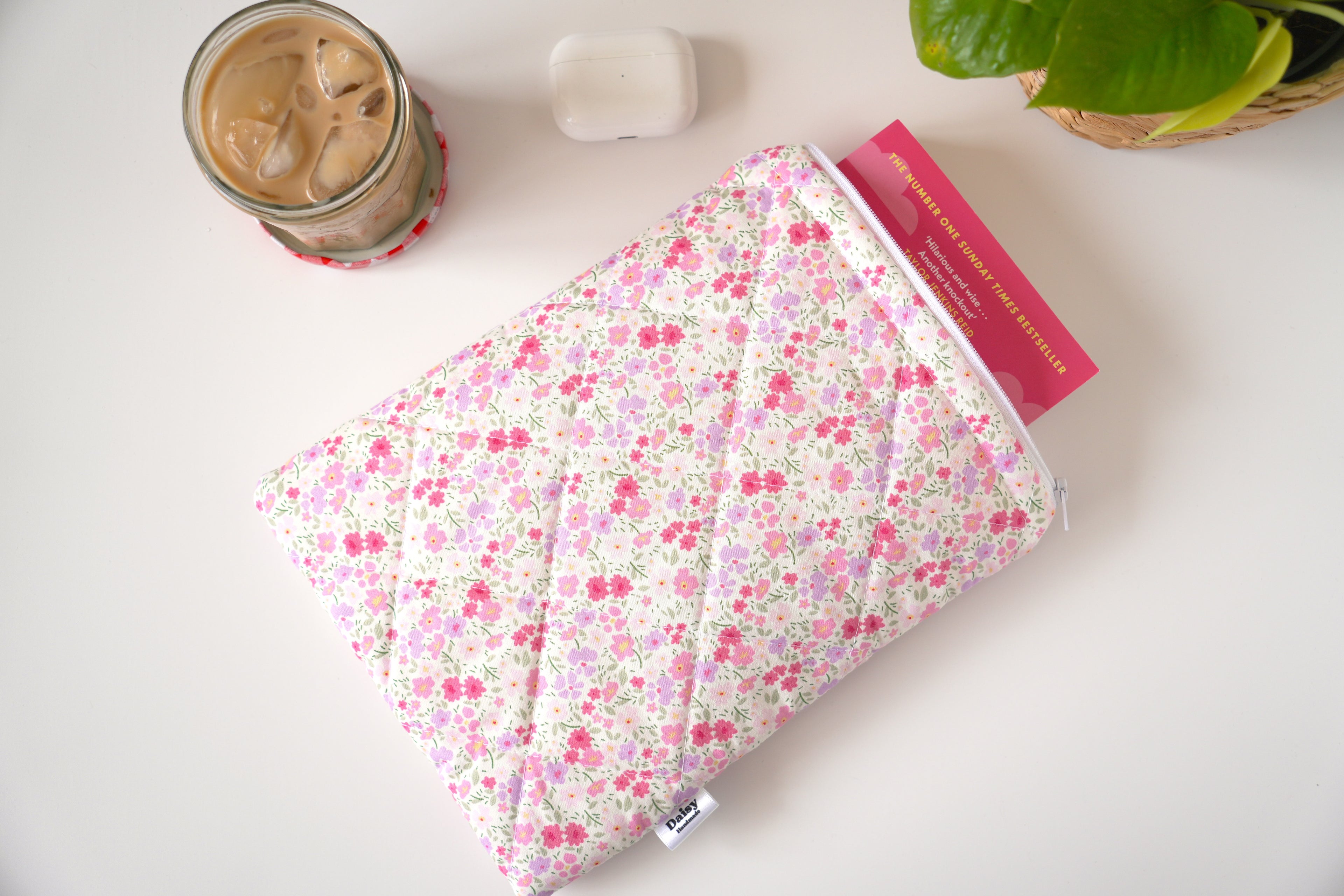 Quilted pink and purple floral book sleeve