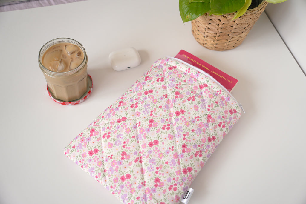 Quilted pink and purple floral book sleeve