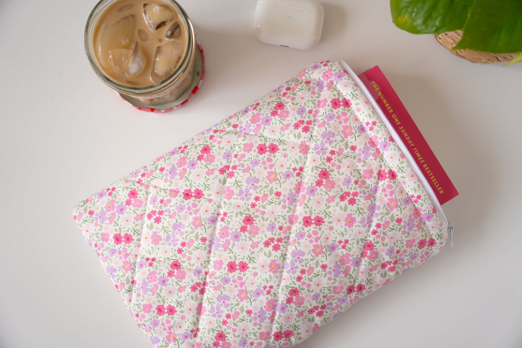 Quilted pink and purple floral book sleeve