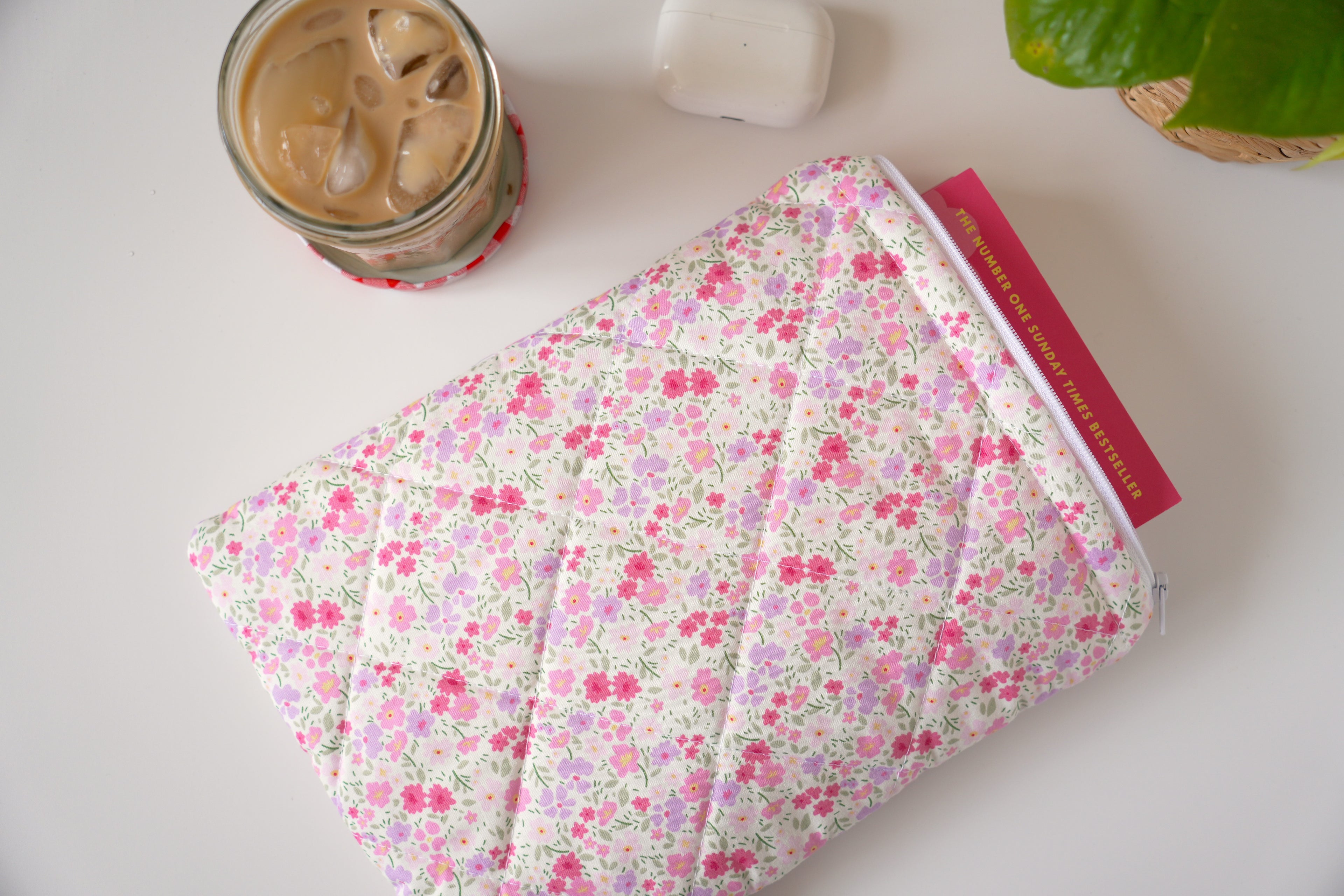 Quilted pink and purple floral book sleeve