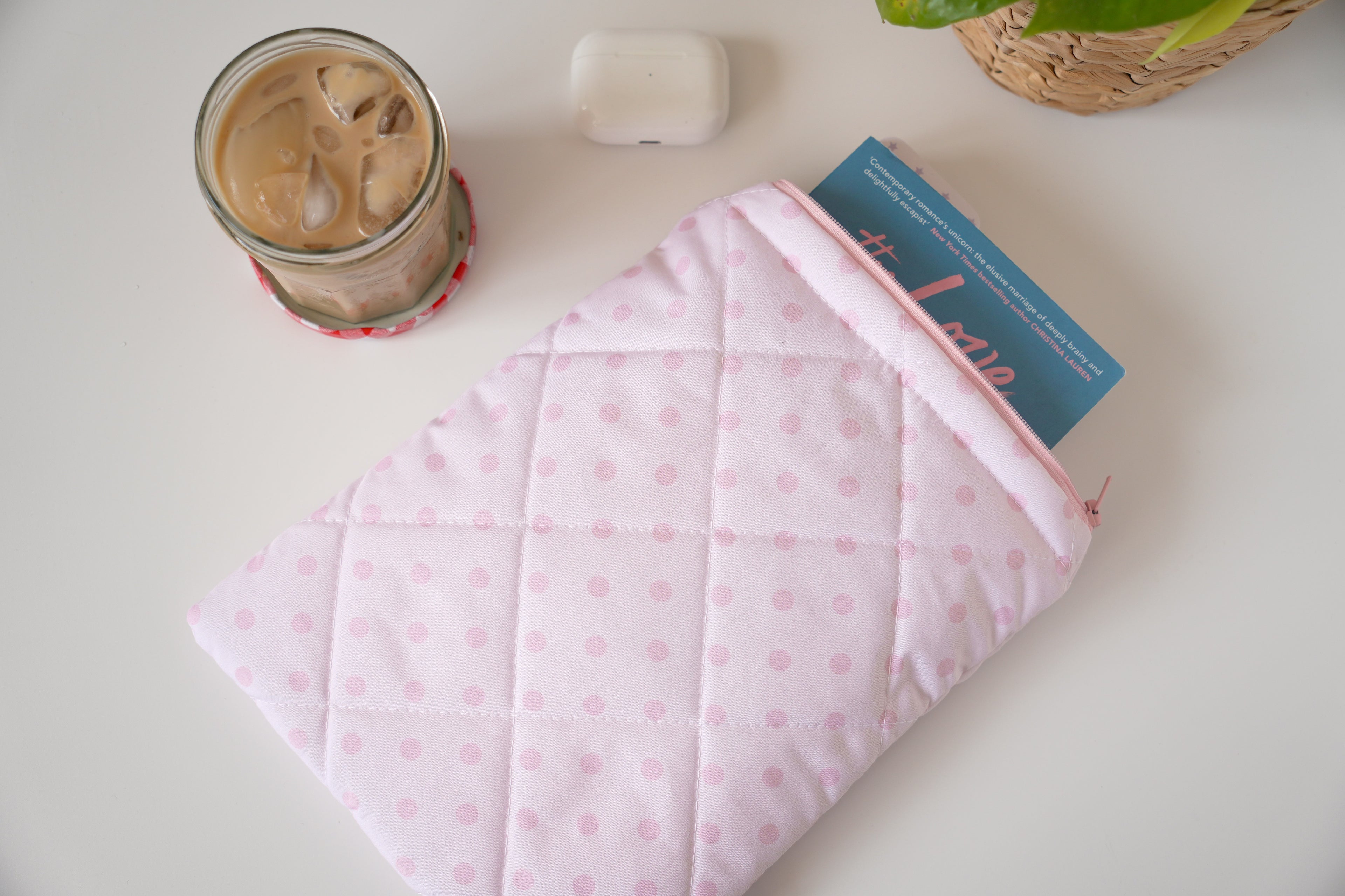 Quilted pink polka dot book sleeve
