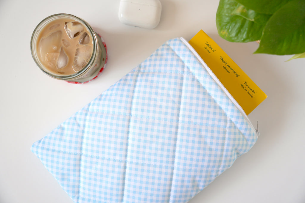 Quilted light blue diagonal gingham book sleeve
