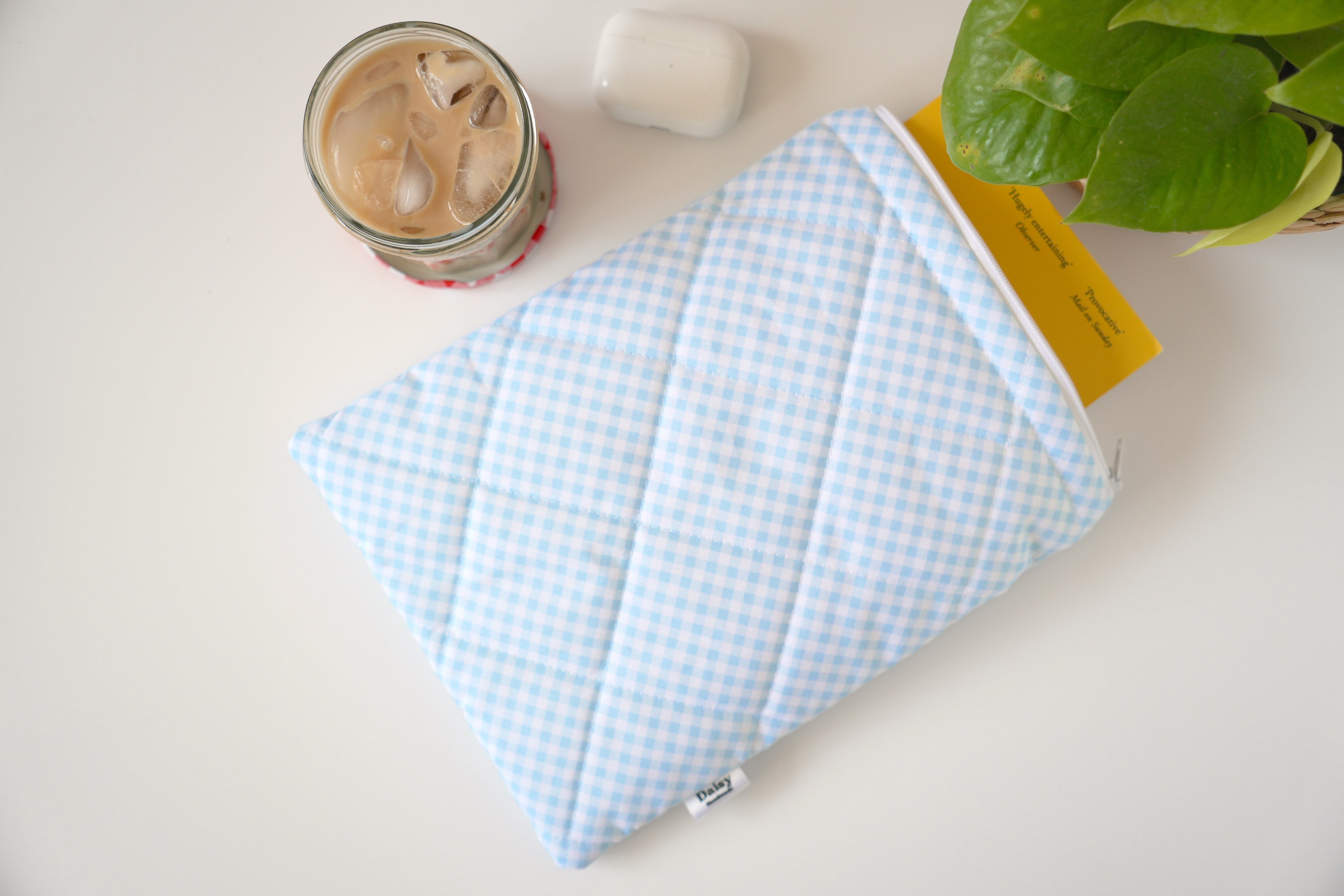 Quilted light blue diagonal gingham book sleeve