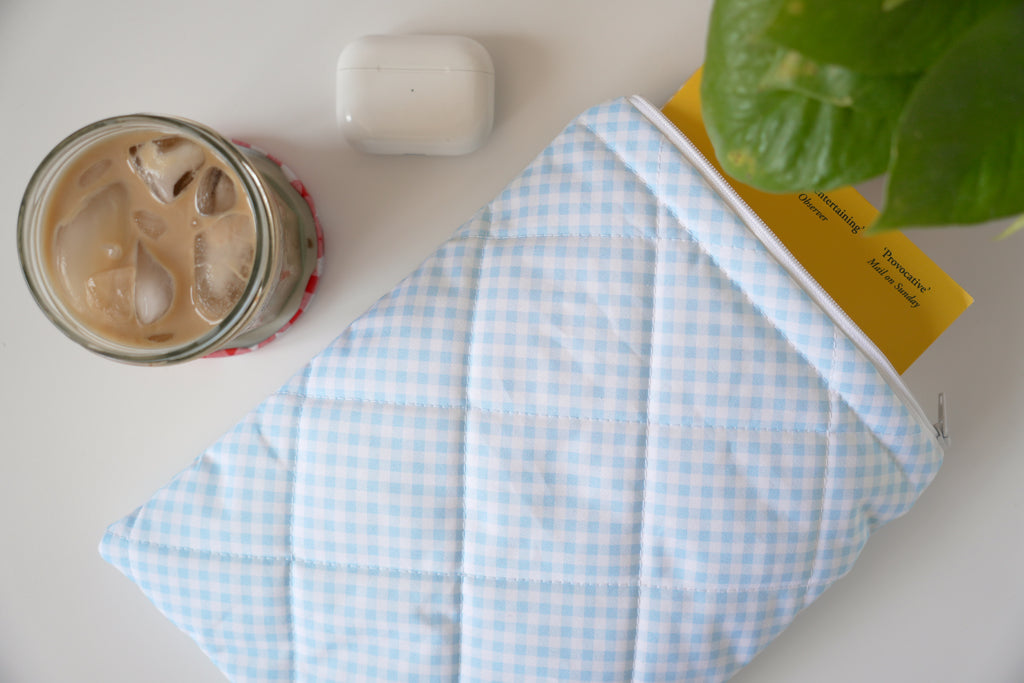 Quilted light blue diagonal gingham book sleeve