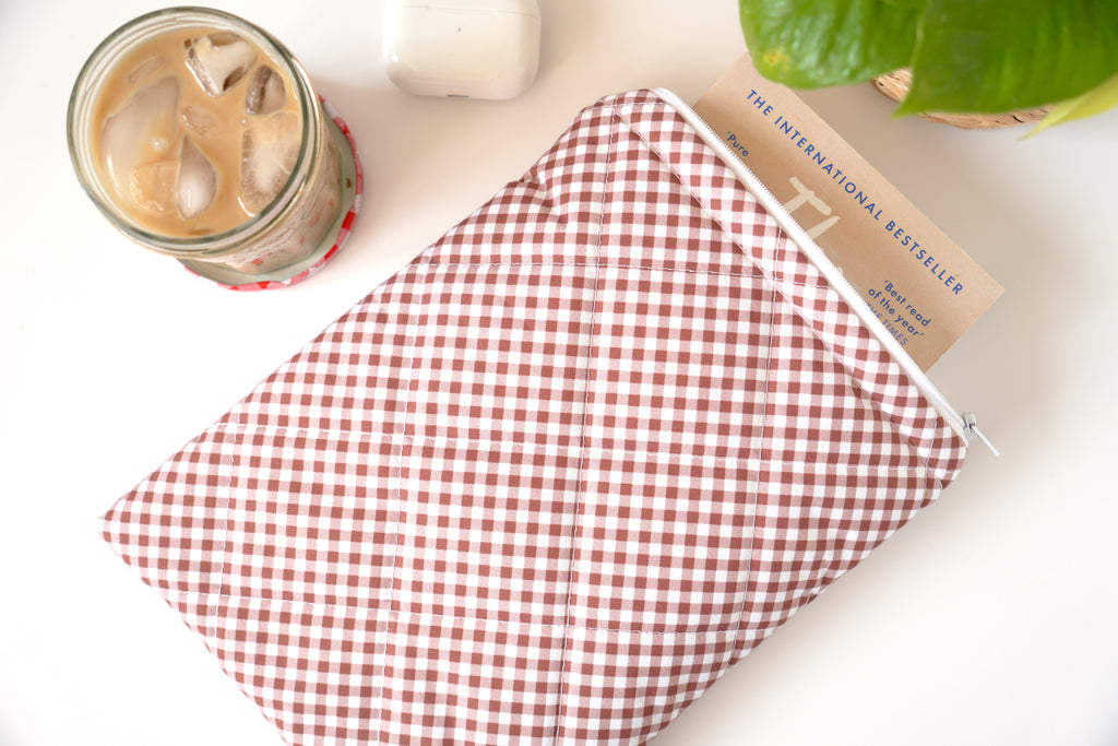 Quilted brown diagonal gingham book sleeve