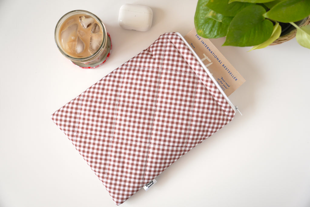Quilted brown diagonal gingham book sleeve