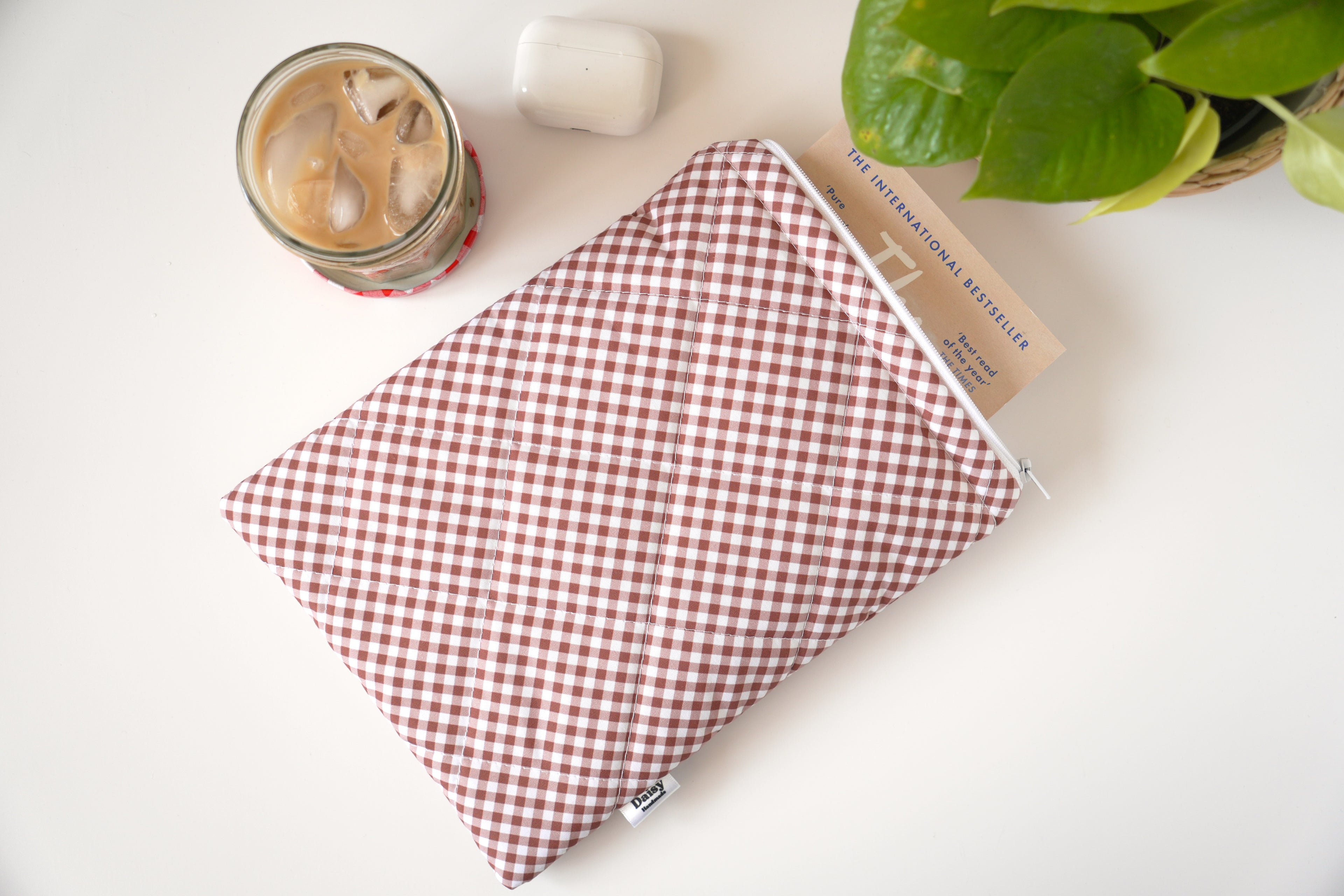 Quilted brown diagonal gingham book sleeve