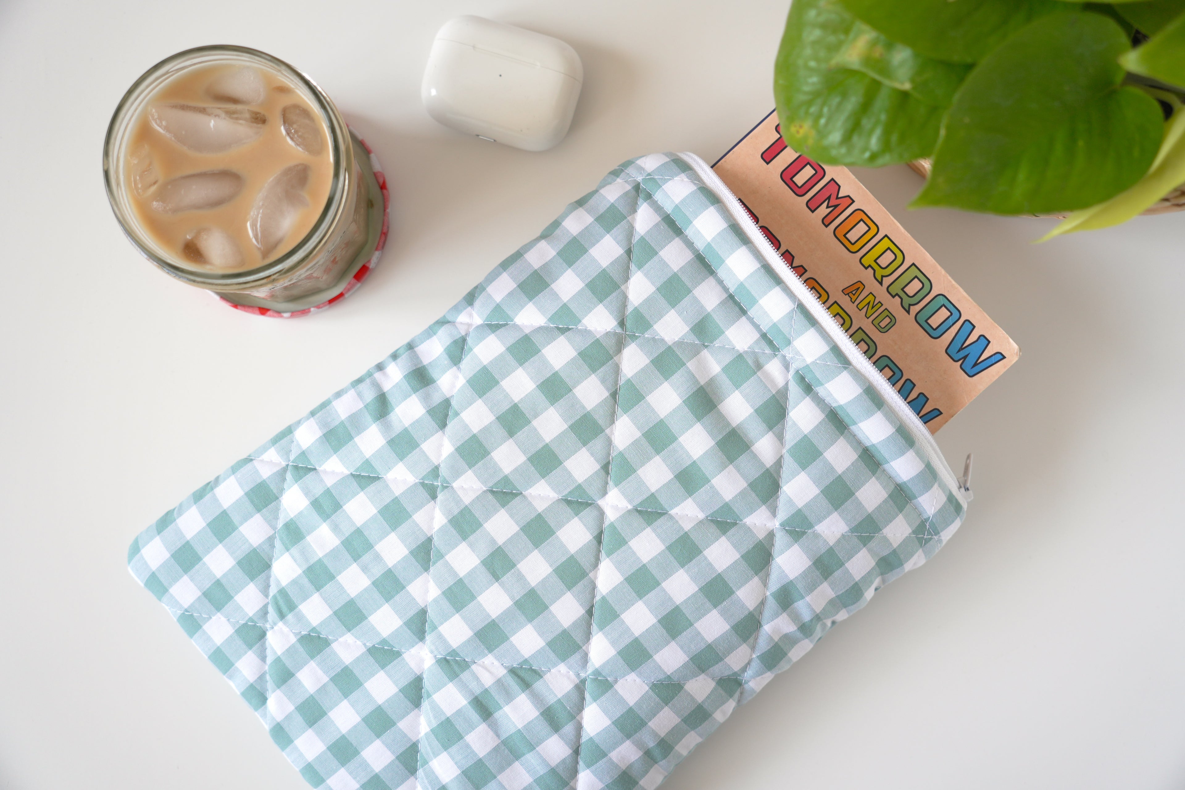 Quilted duck egg blue gingham book sleeve