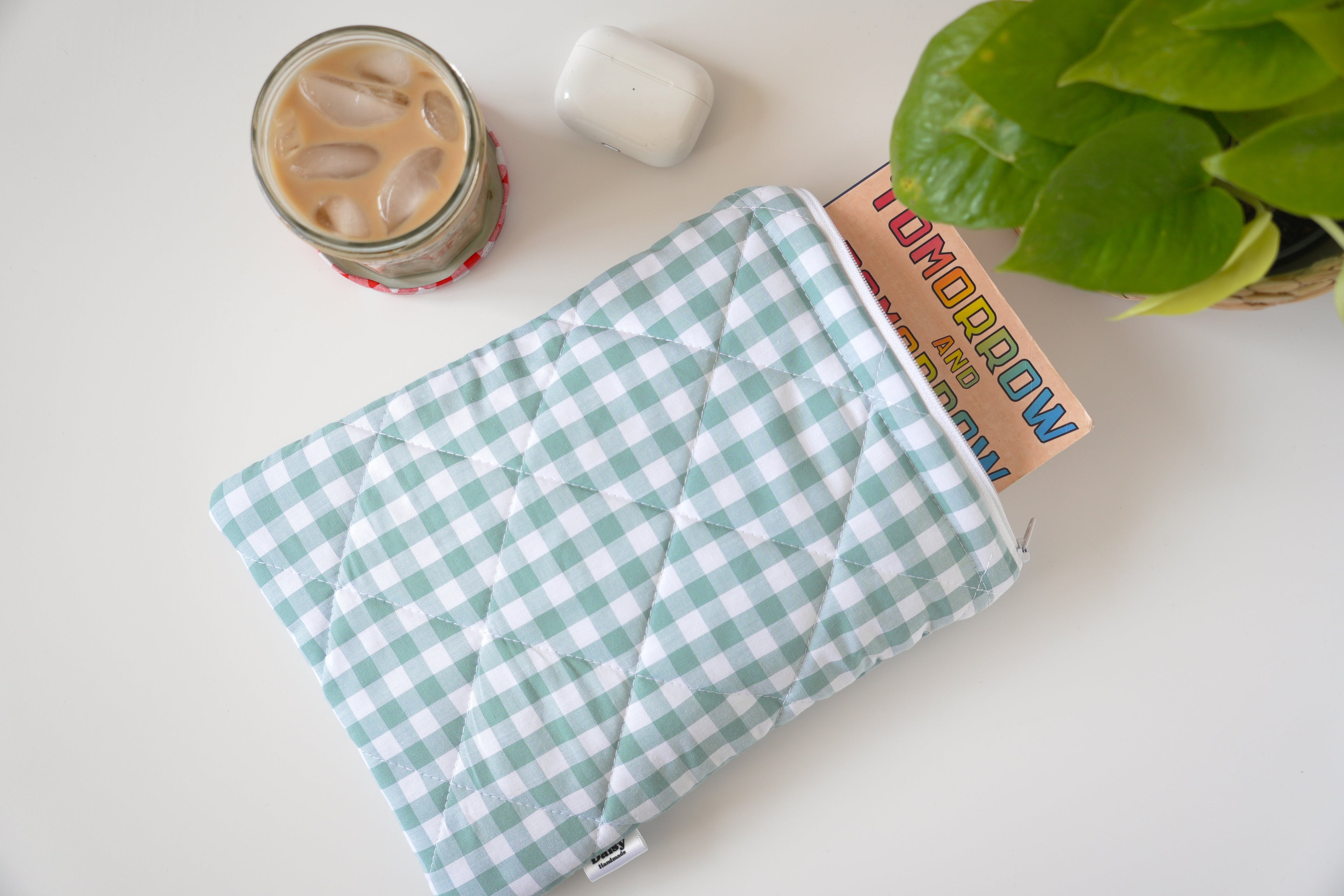 Quilted duck egg blue gingham book sleeve