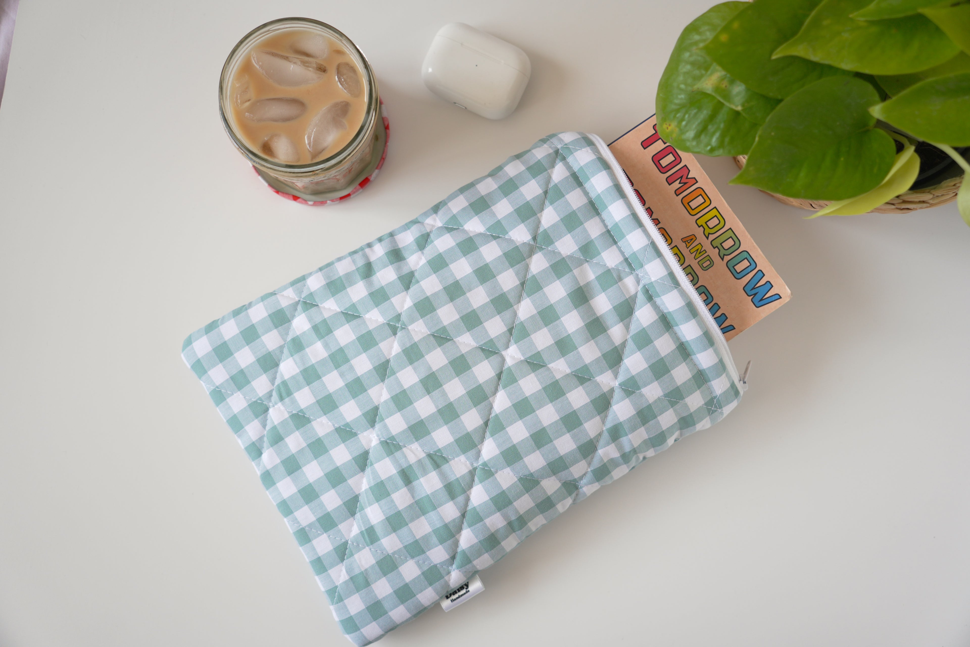 Quilted duck egg blue gingham book sleeve